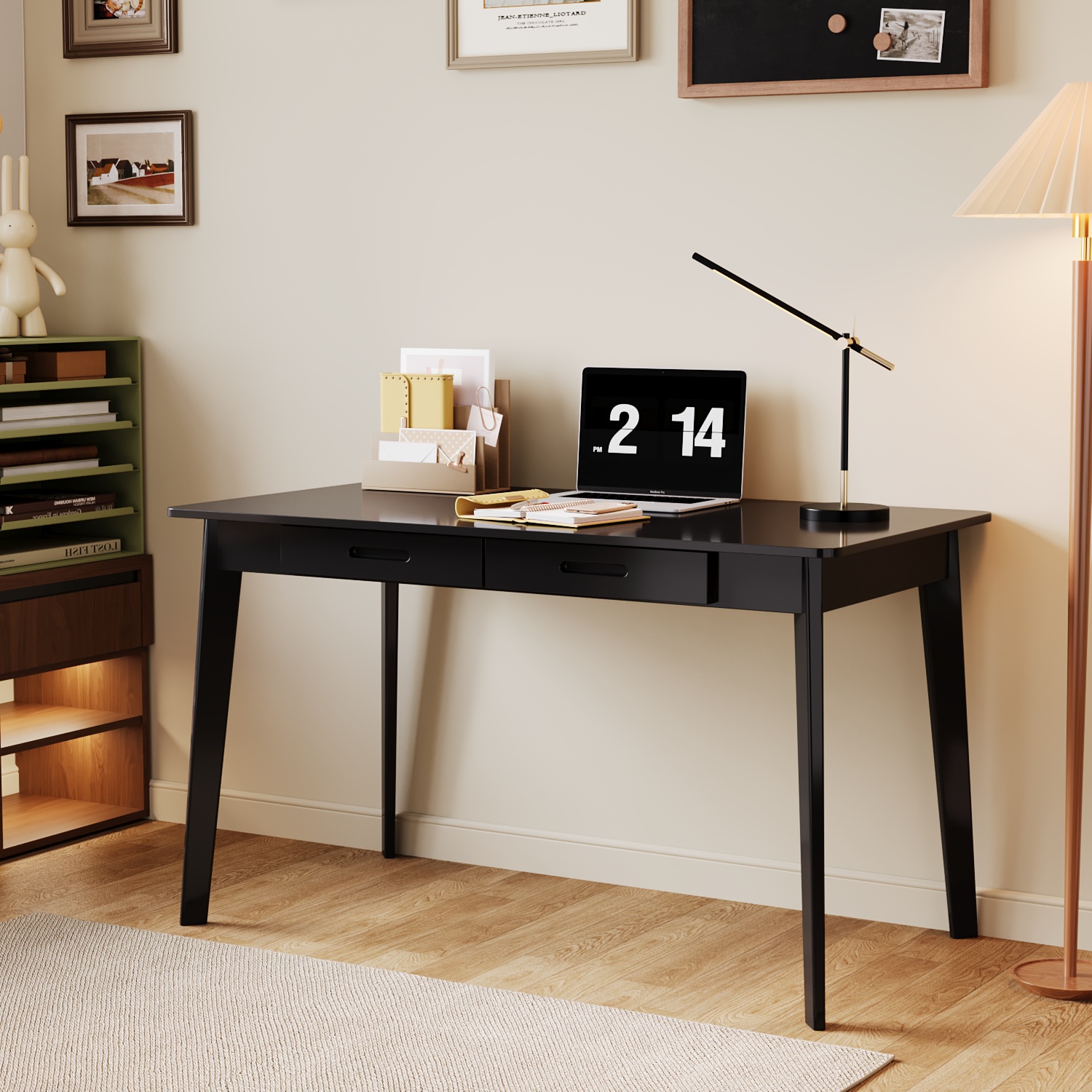 Famapy 47.2-Inch Black Modern Writing Desk with 2 Drawers – Sleek, Compact Design for Home Office or Living Room, White