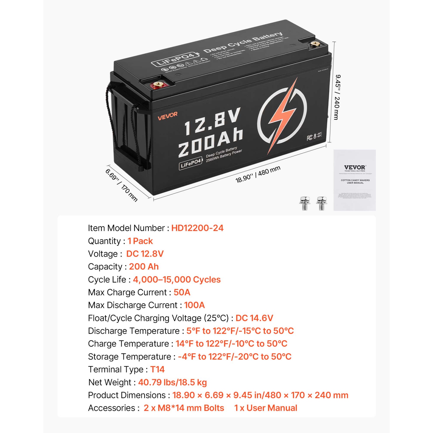 VEVOR 12V 200Ah LiFePO4 Battery, Up to 15000 Cycles, Deep Cycle Lithium Iron Phosphate Battery with Built-in BMS, Low Temperature Protection, 10