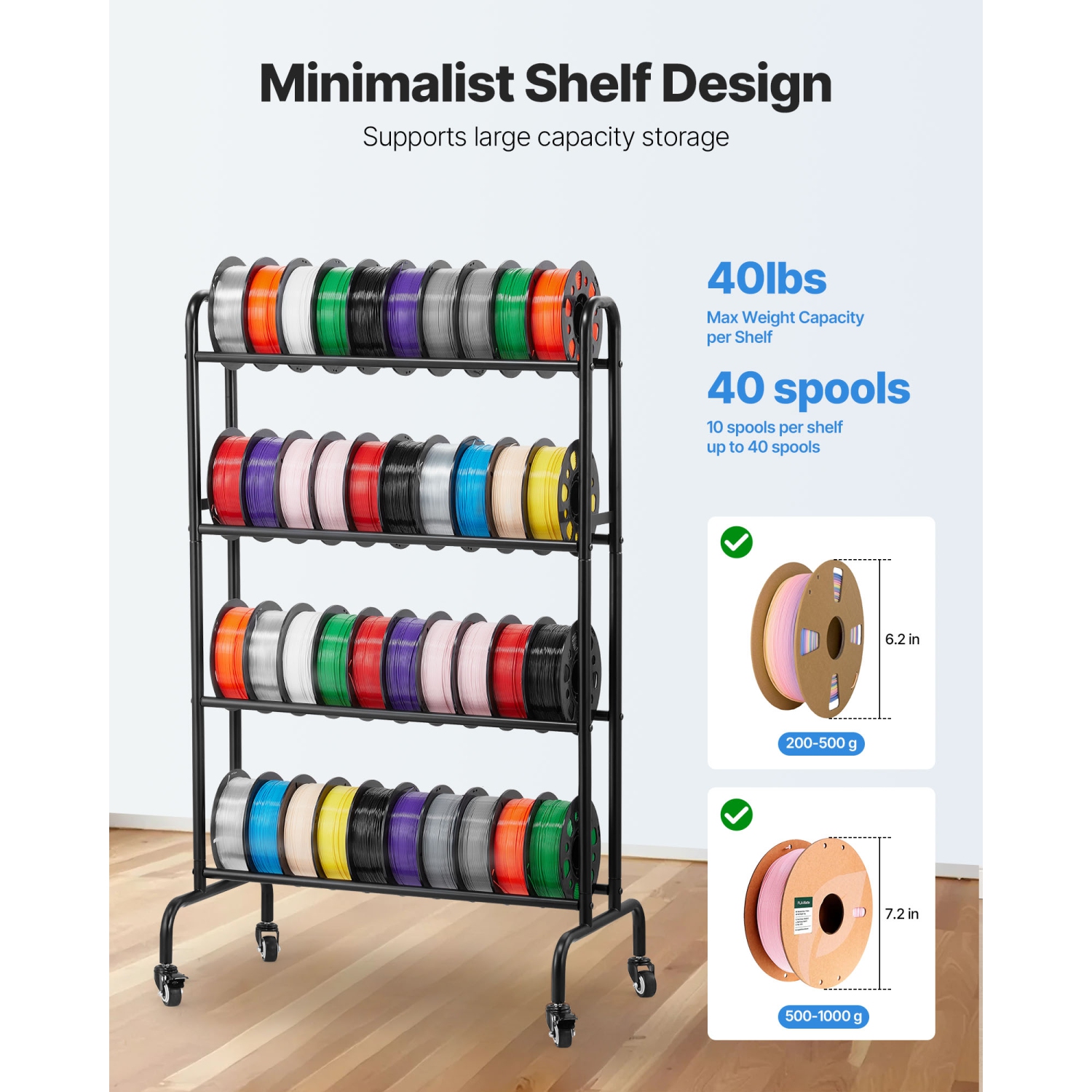 VEVOR 3D Printer Filament Storage Rack, 4 Tier Heavy Duty Storage Shelf, Rolling Filament Spool Holders Racks with Wheels, Filaments Organzied for 3D