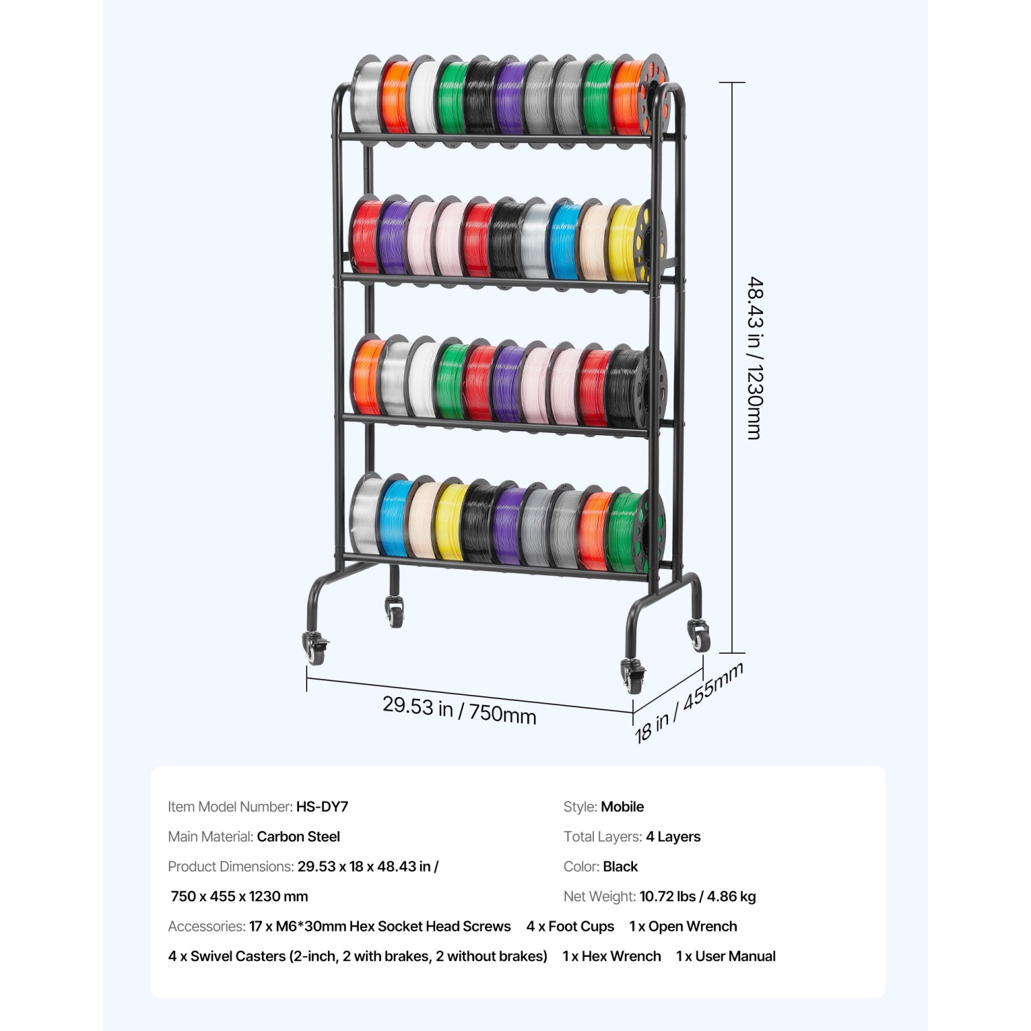 VEVOR 3D Printer Filament Storage Rack, 4 Tier Heavy Duty Storage Shelf, Rolling Filament Spool Holders Racks with Wheels, Filaments Organzied for 3D