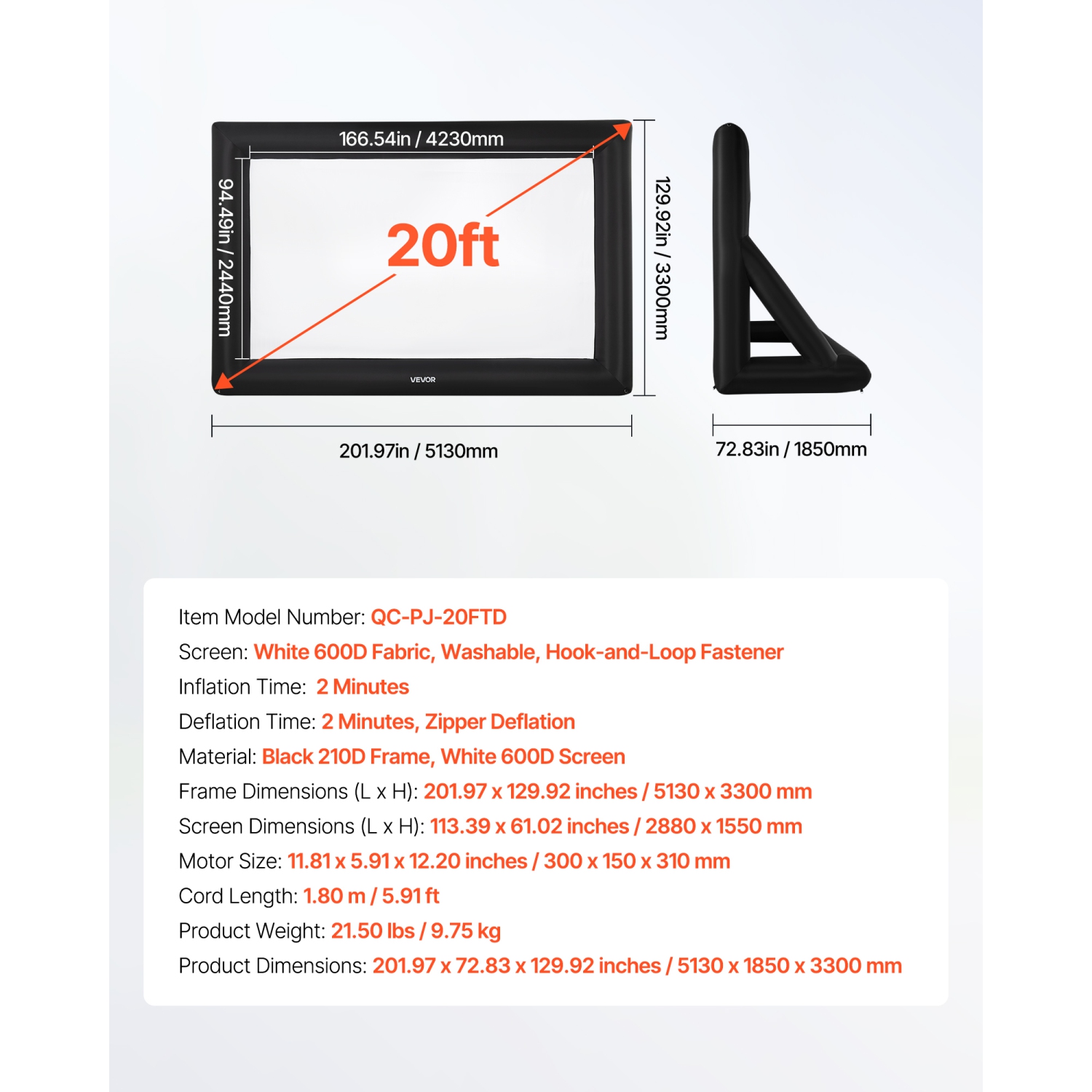 VEVOR 20FT Inflatable Projector Screen,Inflatable Movie Screen Outdoor with 250W Air Blower Projector Screen Oxford Fabric Material Blow Up Screen