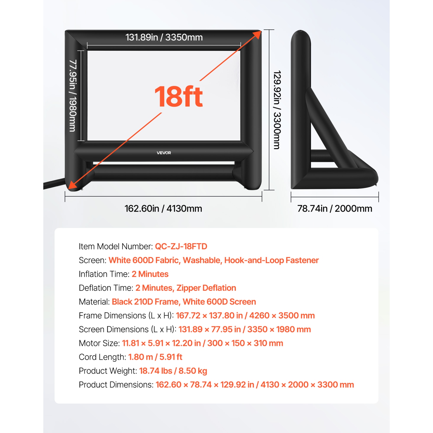 VEVOR 18FT Inflatable Movie Screen, Inflatable Projector Screen with Portable Storage Bag, 16:9 Easy Set Up Movie Projection for Outdoor Backyard,