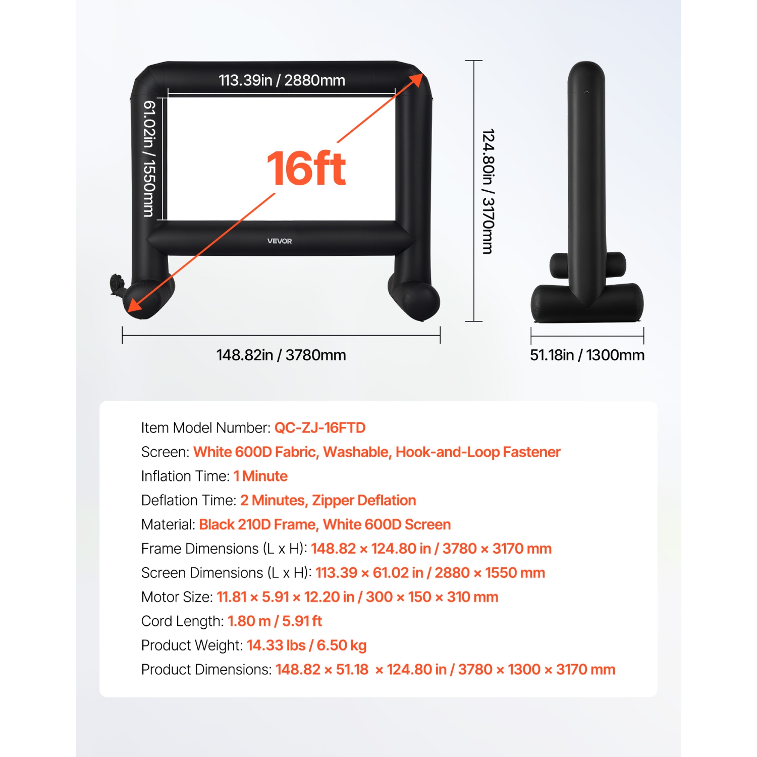 VEVOR 16FT Inflatable Movie Screen, Inflatable Projector Screen with Portable Storage Bag, 16:9 Easy Set Up Movie Projection for Outdoor Backyard,