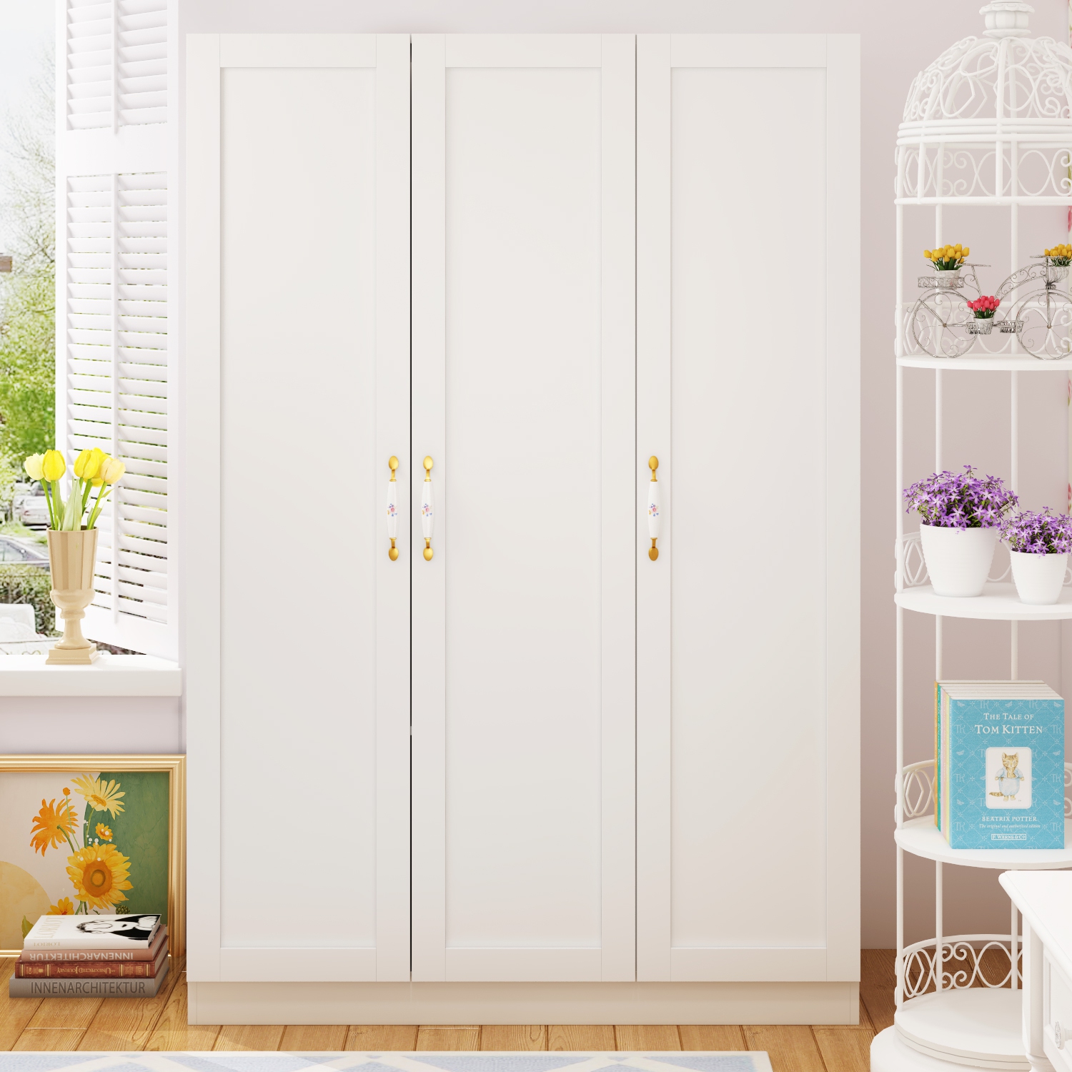 Famapy White 3-Door Armoire – Elegant Wooden Wardrobe with Hanging Rods & 3 Shelves for Bedroom Storage, White