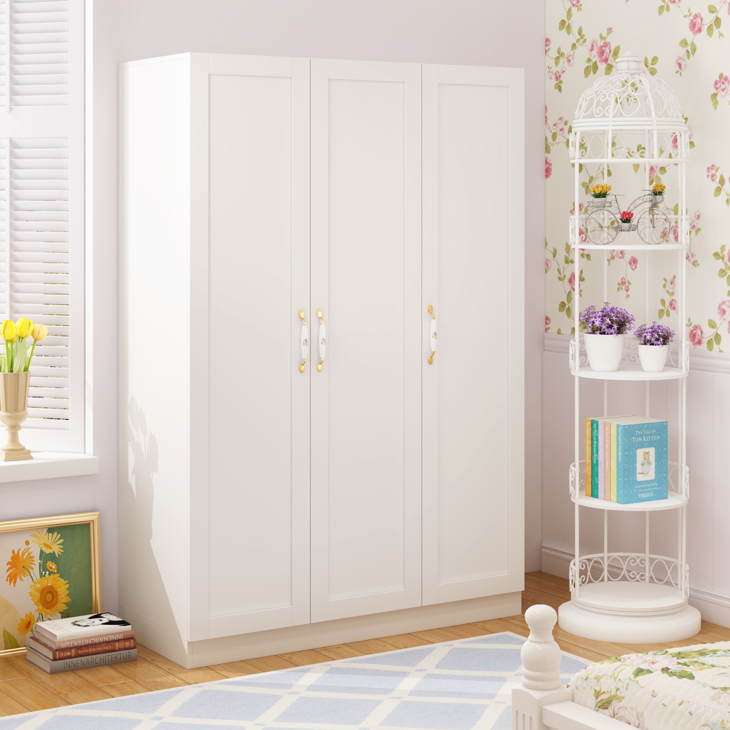 Famapy White 3-Door Armoire – Elegant Wooden Wardrobe with Hanging Rods & 3 Shelves for Bedroom Storage, White