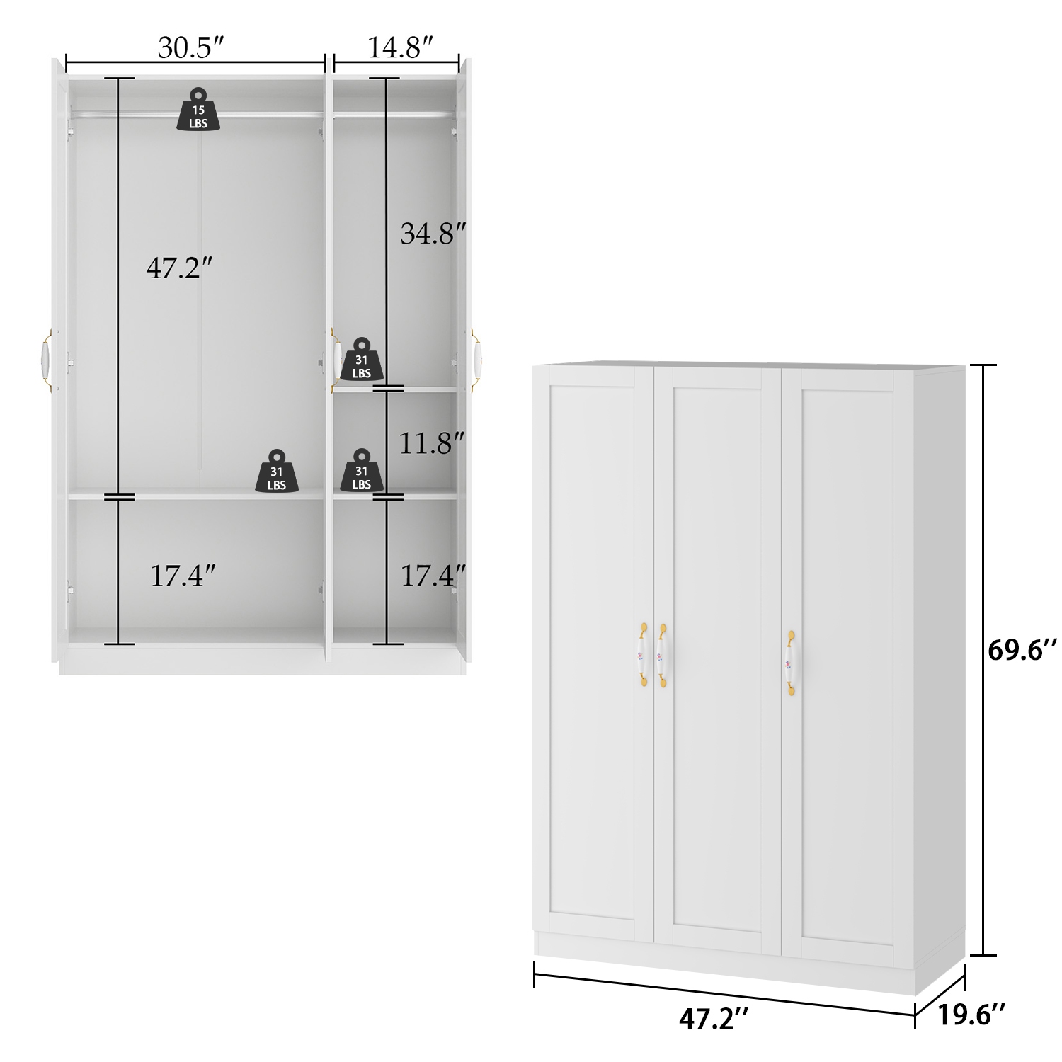 Famapy White 3-Door Armoire – Elegant Wooden Wardrobe with Hanging Rods & 3 Shelves for Bedroom Storage, White