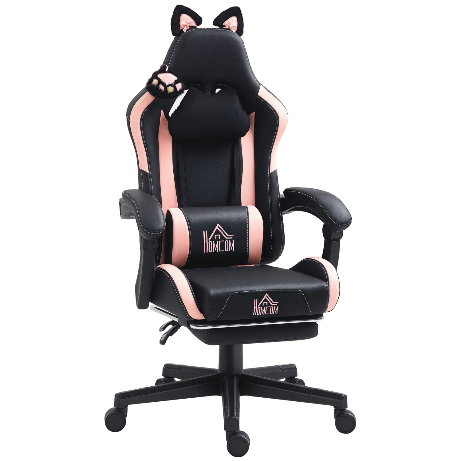 Fauteuil de jeu de course de HOMCOM avec pattes de chat, fauteuil d'ordinateur inclinable en similicuir avec repose-pieds, support lombaire et