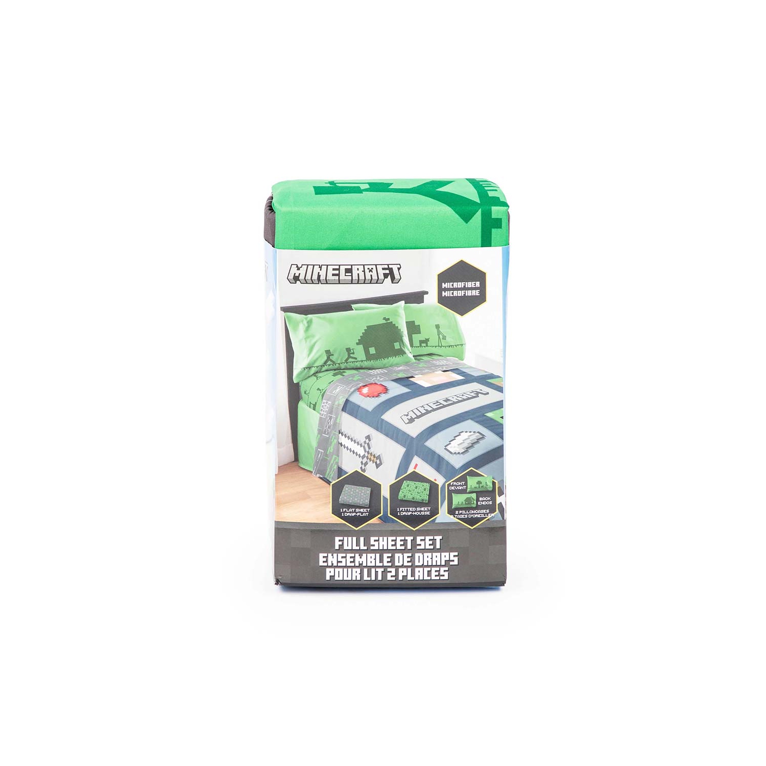 Ensemble de draps 4 pièces pour enfants Minecraft Icon Adventure - Drap plat, drap-housse et 2 taies d'oreiller