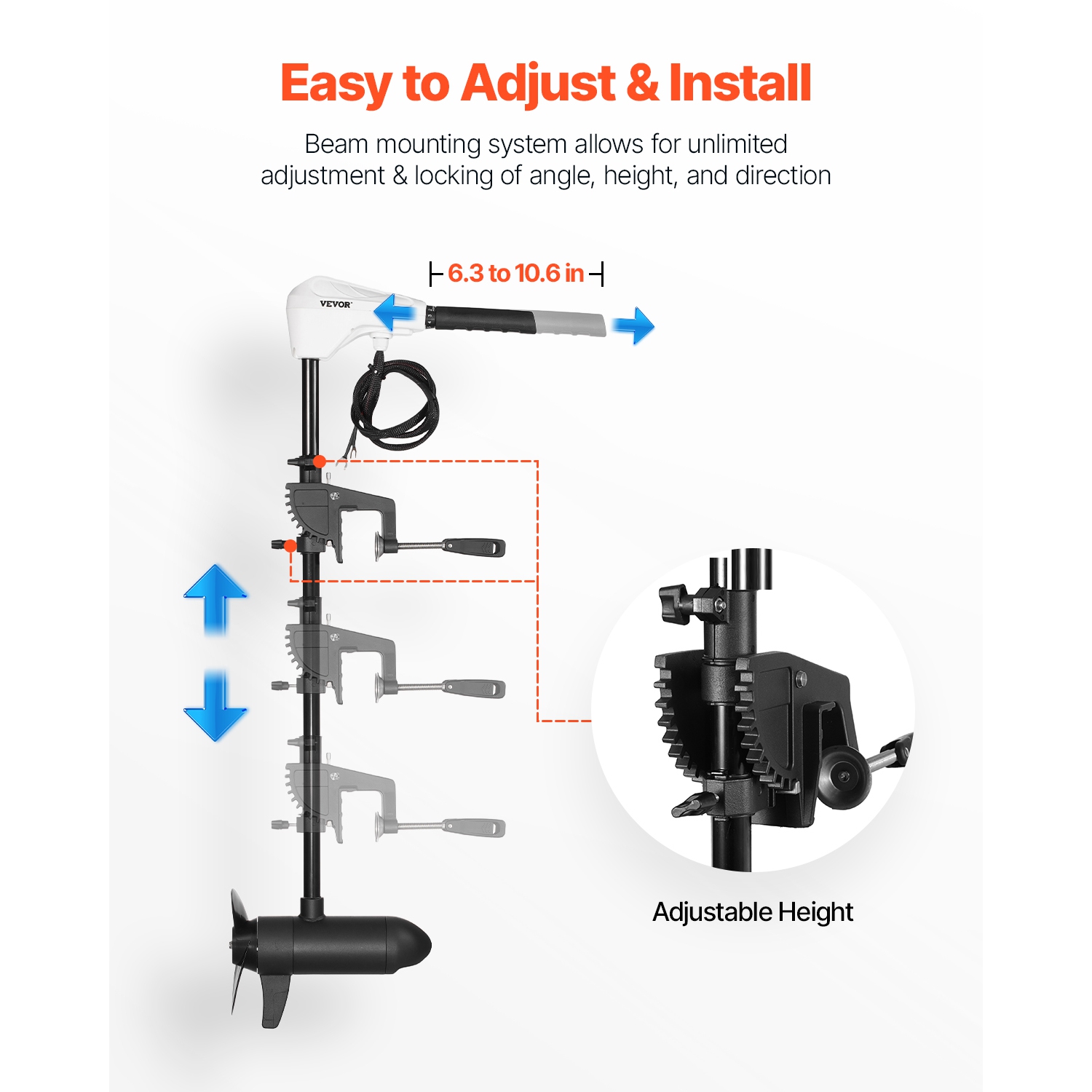 VEVOR 12V Electric Trolling Motor, Transom Mounted Outboard Boat Motors 55lbs Thrust, 8-Speed Electric Boat Engine w/ Battery Indicator, for Kayaks,