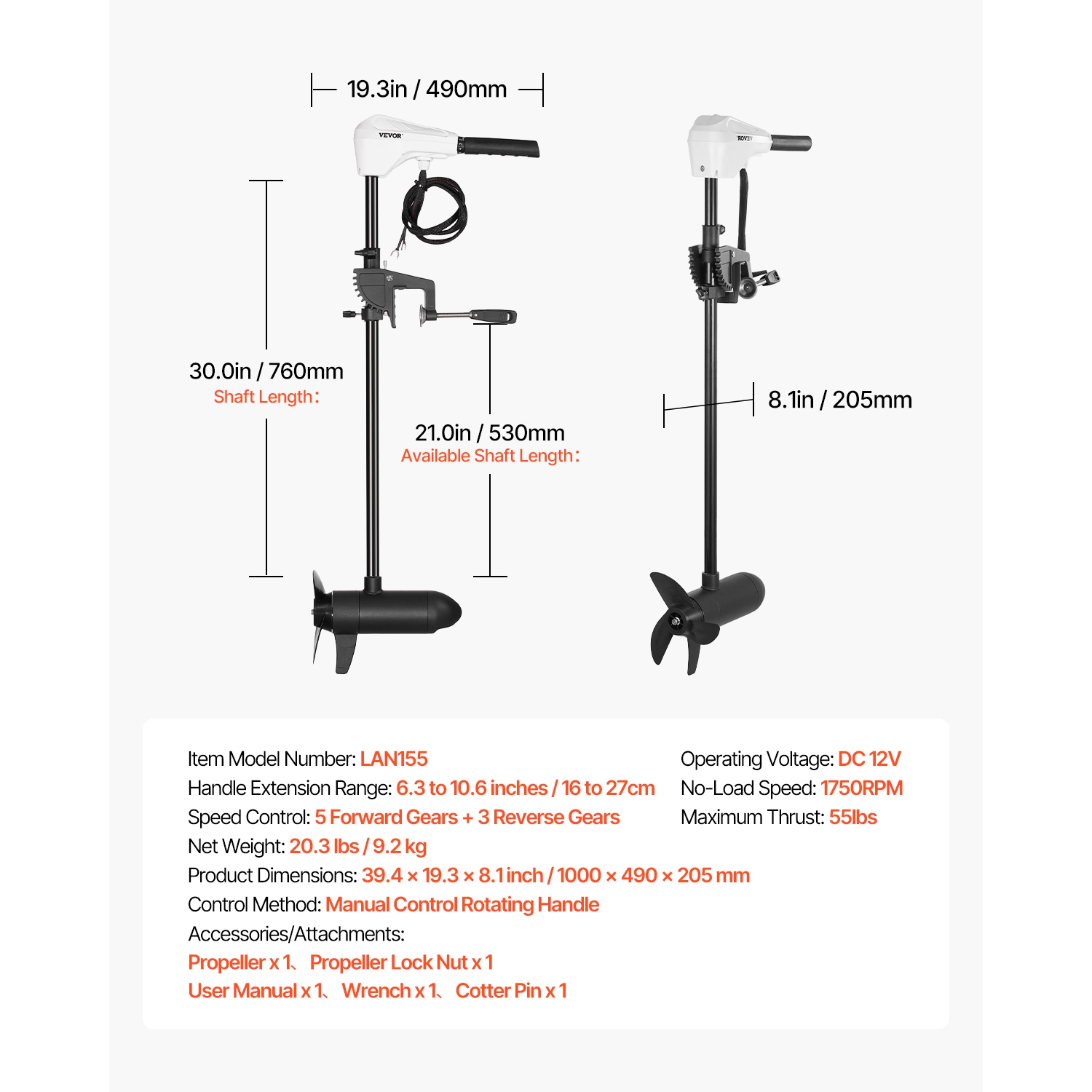 VEVOR 12V Electric Trolling Motor, Transom Mounted Outboard Boat Motors 55lbs Thrust, 8-Speed Electric Boat Engine w/ Battery Indicator, for Kayaks,