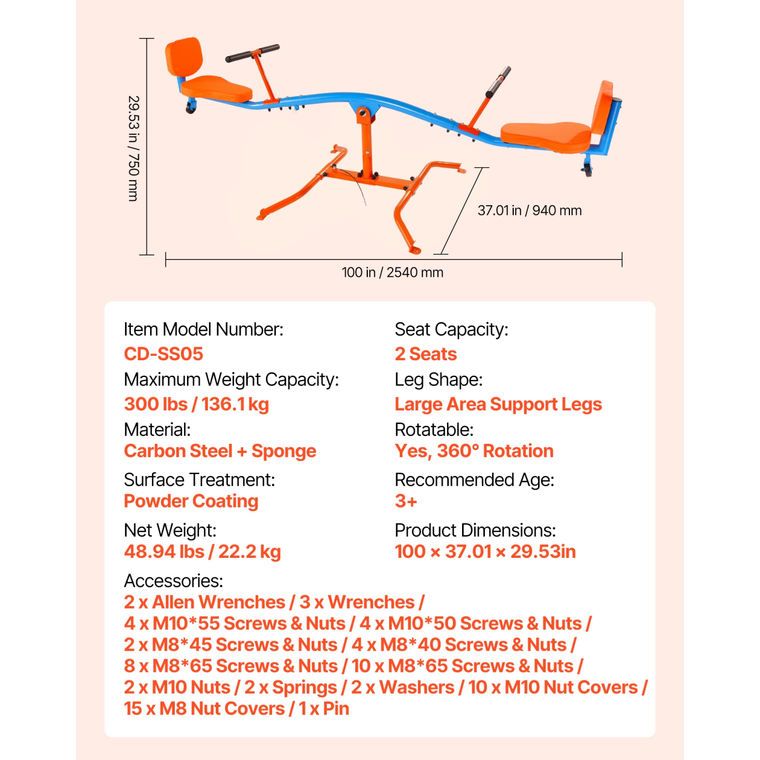 VEVOR 300 lbs Load Kids Seesaw,Sit and Spin Teeter Totter with Easy-Grip Handles,Kids Outdoor Playground Equipment,Outside Toys,Swiveling 360 Degrees