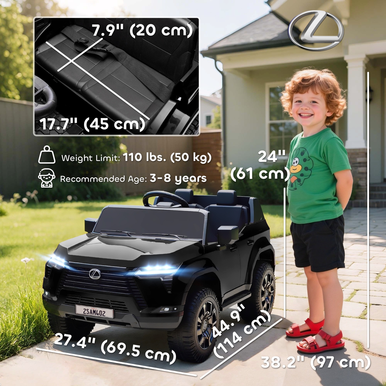 Qaba 2 Seater Electric Car for Kids, 12V 7AH Lexus GX550 Licensed Battery Powered Ride On Car with Remote Control, 4 Wheel Suspension System, USB,