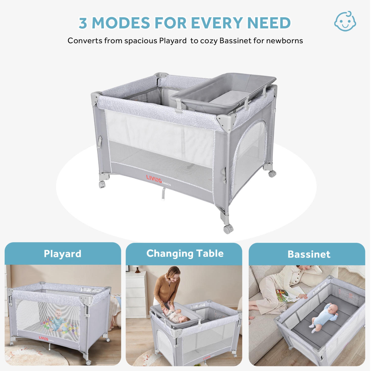 Baby Bassinet Beside Crib, One-Hand Setup 4-in-1 Foldable Baby Playard Beside Sleeper with Diaper Changing Station and Zippered Door for Newborn to