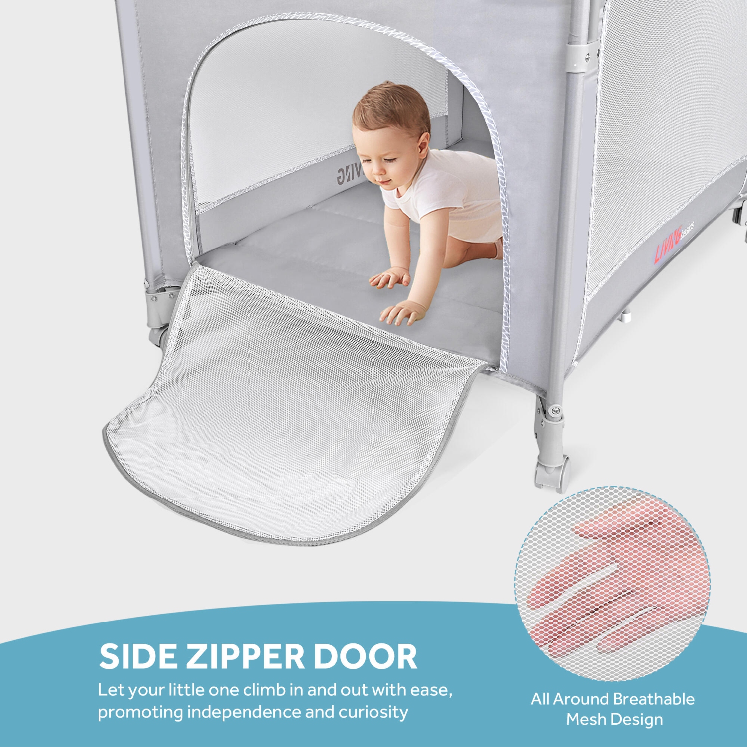 Baby Bassinet Beside Crib, One-Hand Setup 4-in-1 Foldable Baby Playard Beside Sleeper with Diaper Changing Station and Zippered Door for Newborn to