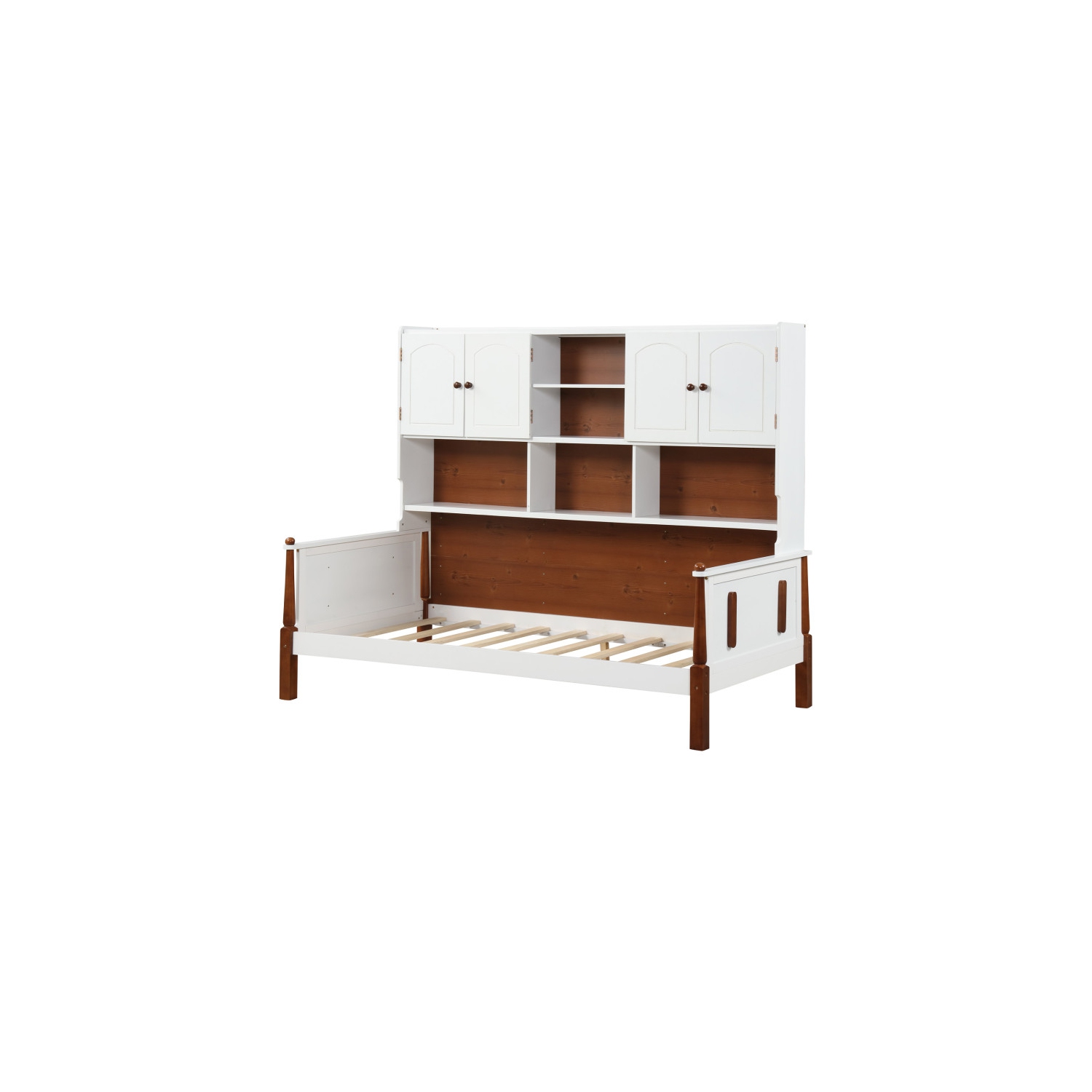 Bed with Built-In Bookcase and Shelves, Wooden Slat Support, No Box Spring Needed