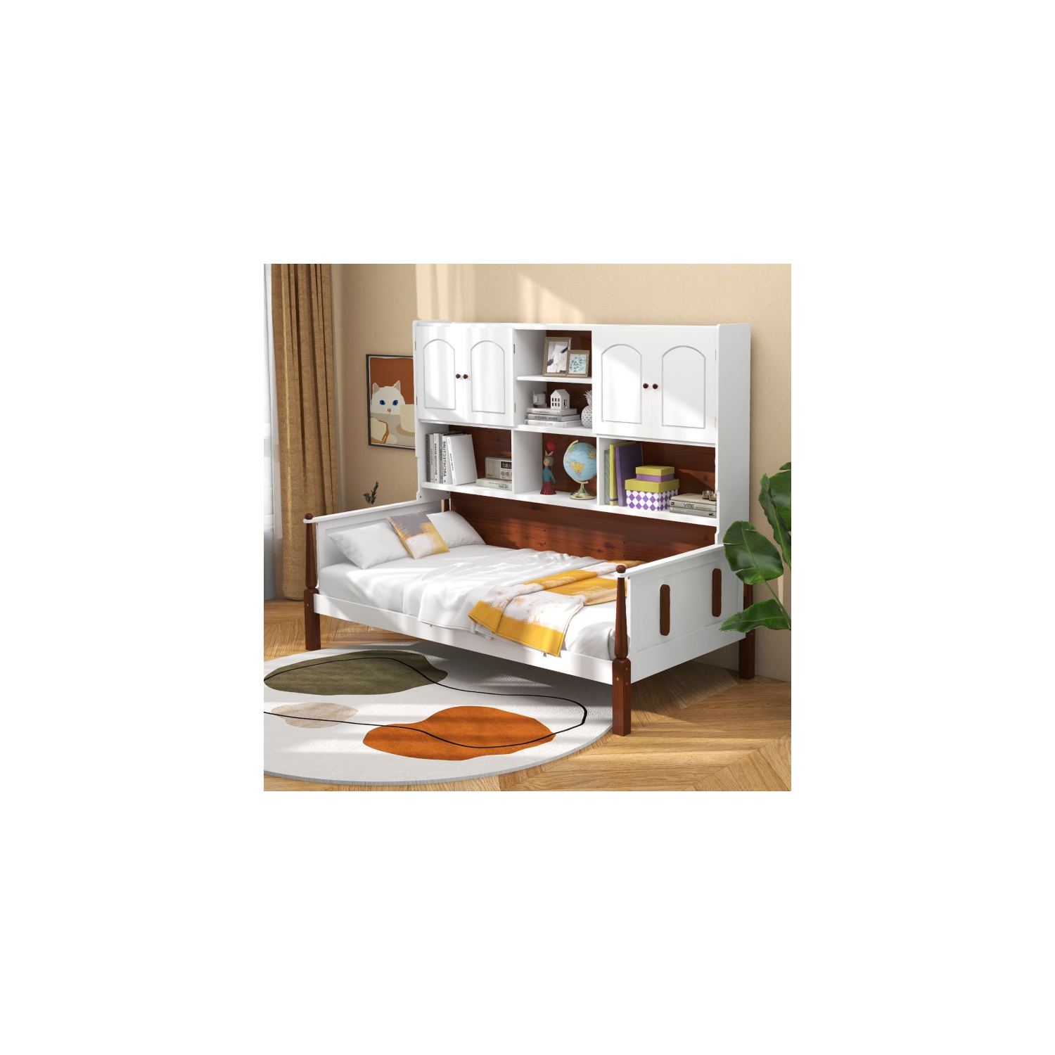 Bed with Built-In Bookcase and Shelves, Wooden Slat Support, No Box Spring Needed