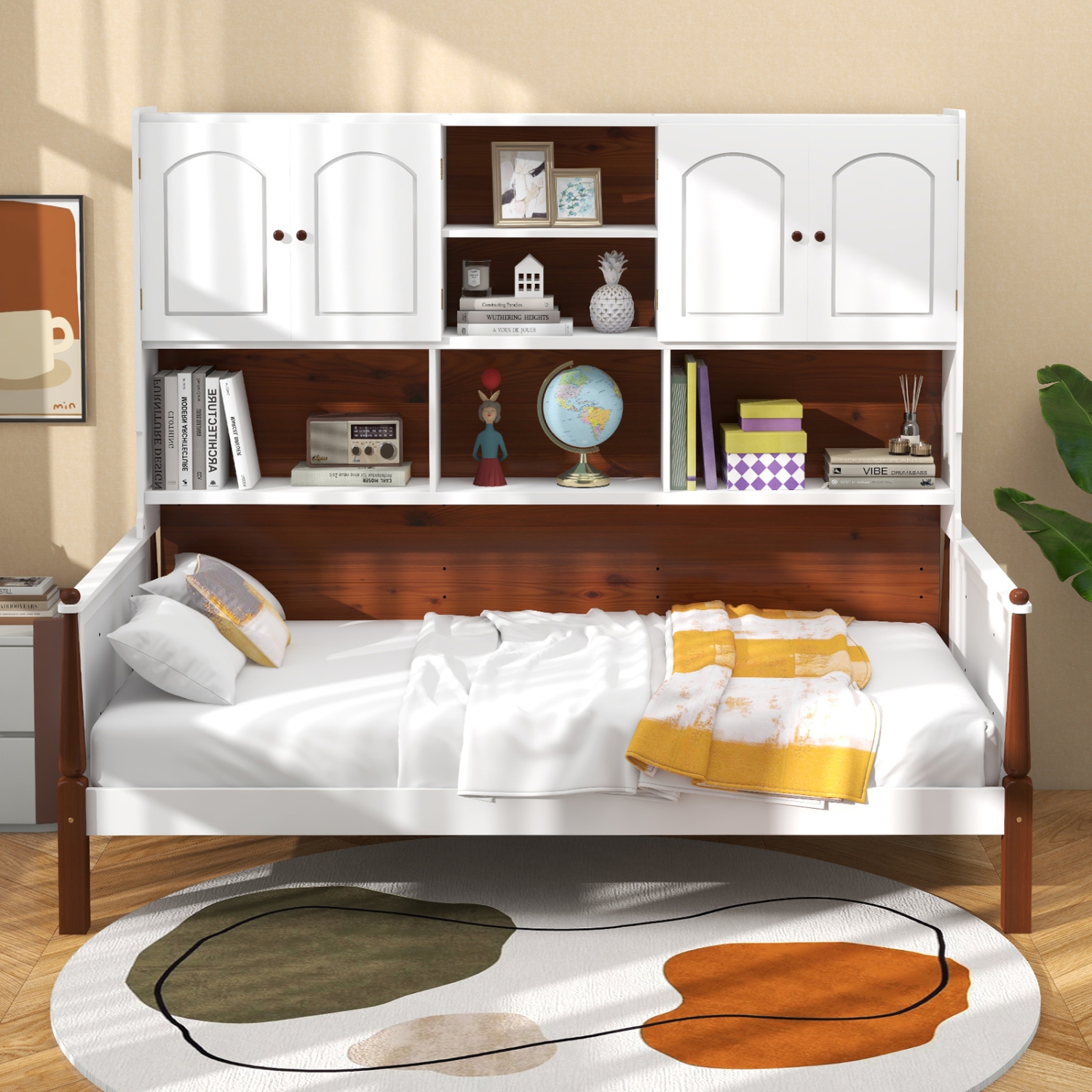 Bed with Built-In Bookcase and Shelves, Wooden Slat Support, No Box Spring Needed