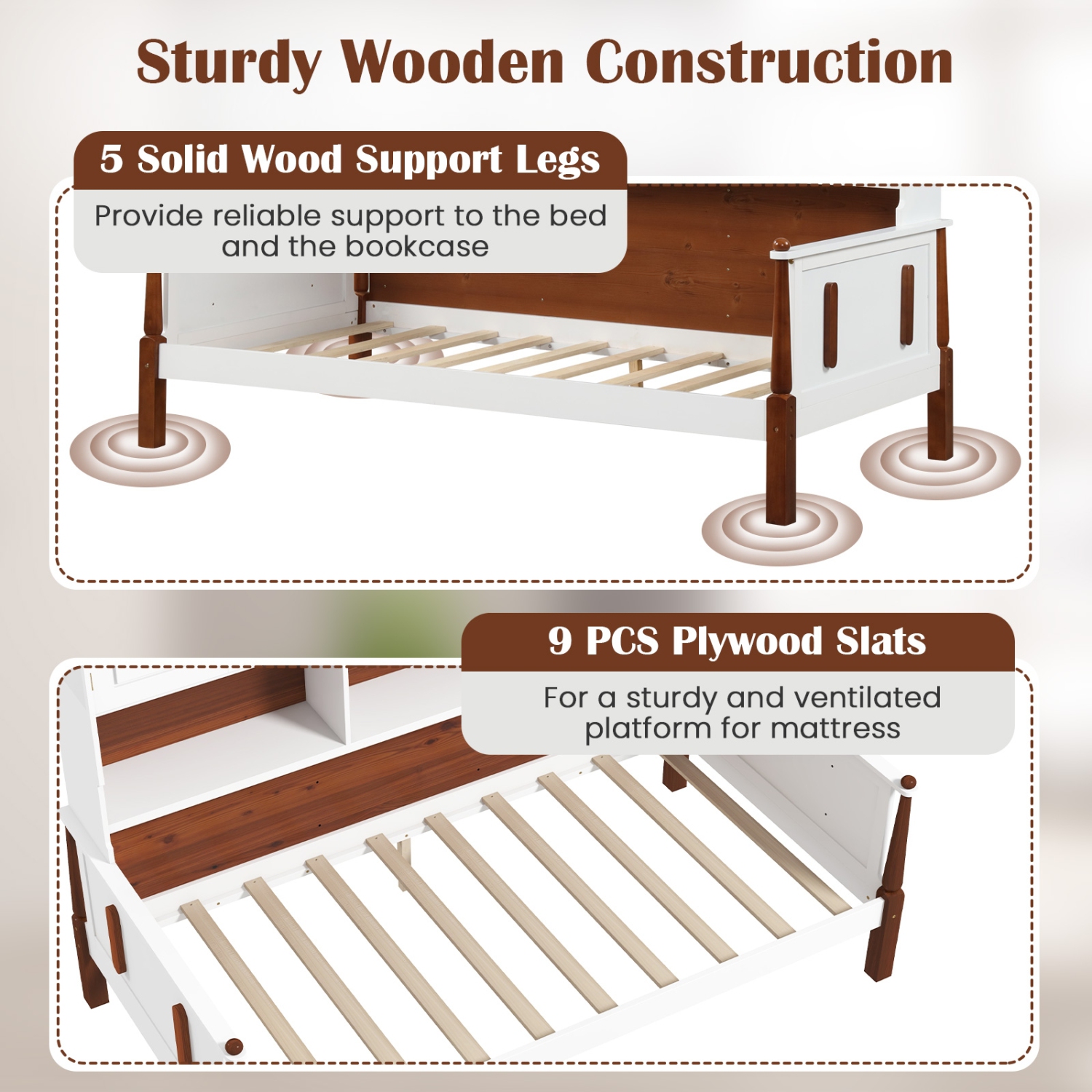 Bed with Built-In Bookcase and Shelves, Wooden Slat Support, No Box Spring Needed