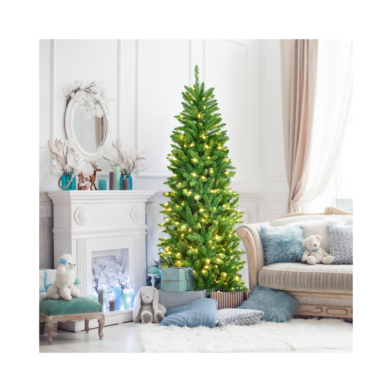 Arbre de Noël artificiel mince de 6 pi – Sapin à charnières en PVC avec 150 lumières