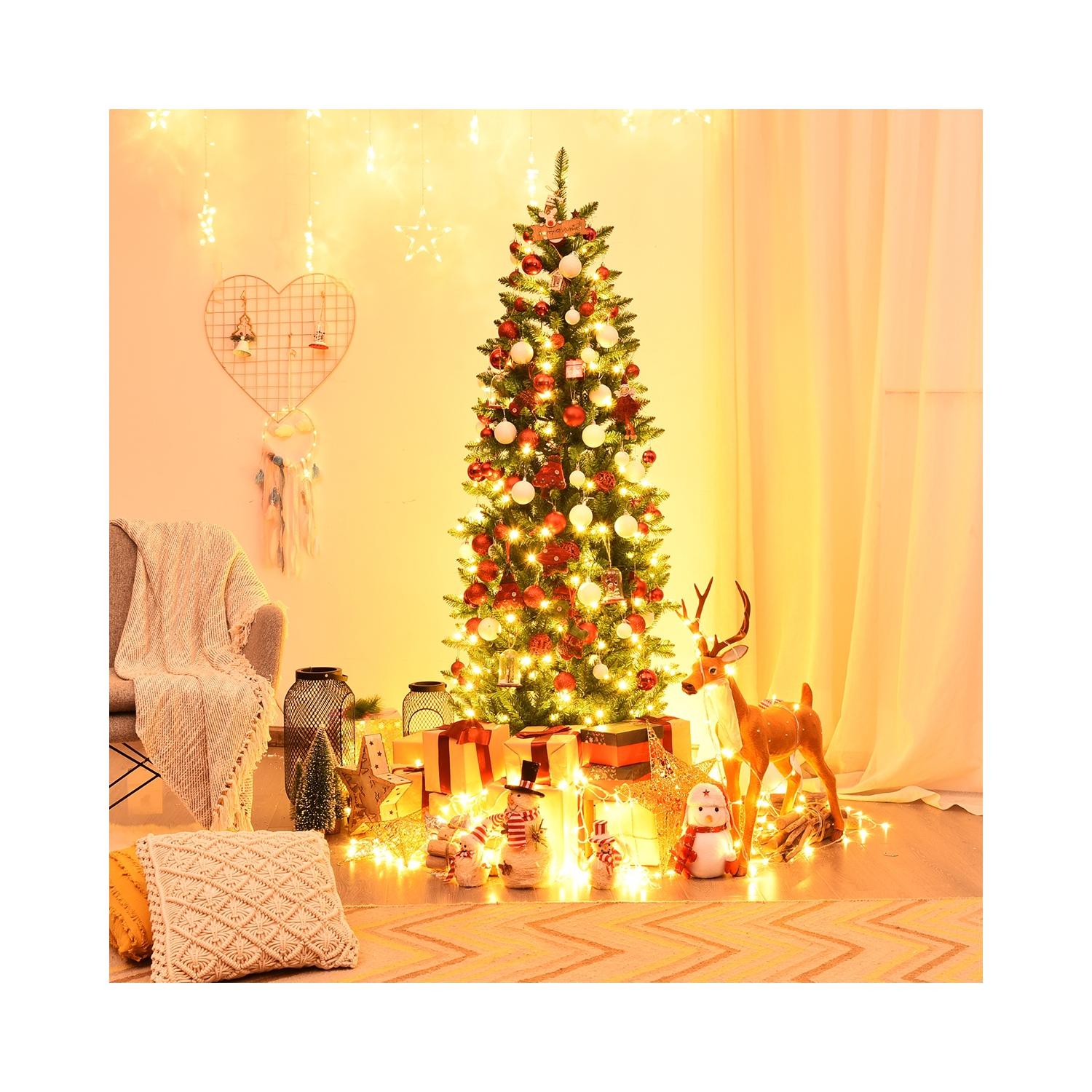 Arbre de Noël artificiel mince de 6 pi – Sapin à charnières en PVC avec 150 lumières