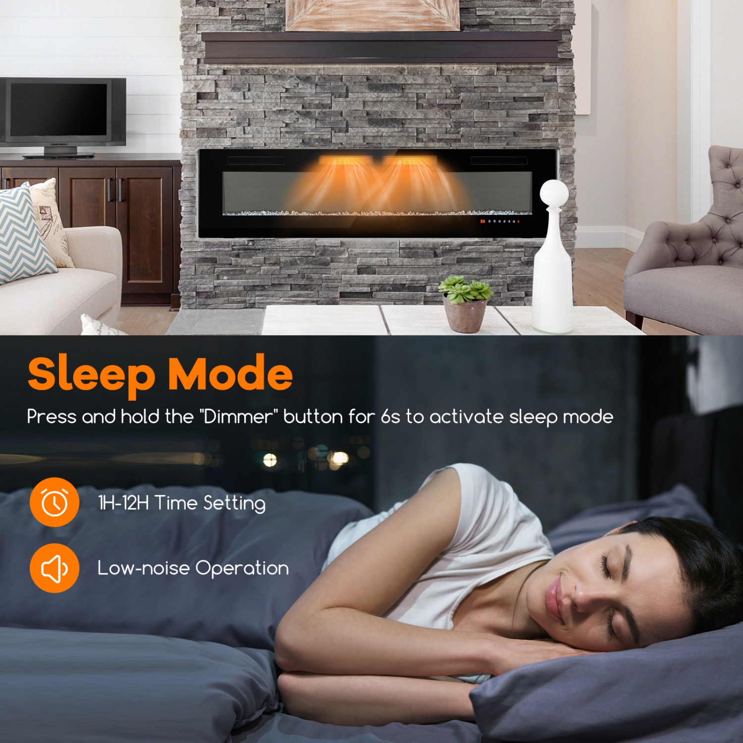 Slim Electric Fireplace Heater with Crystal Embers and Smart APP Function