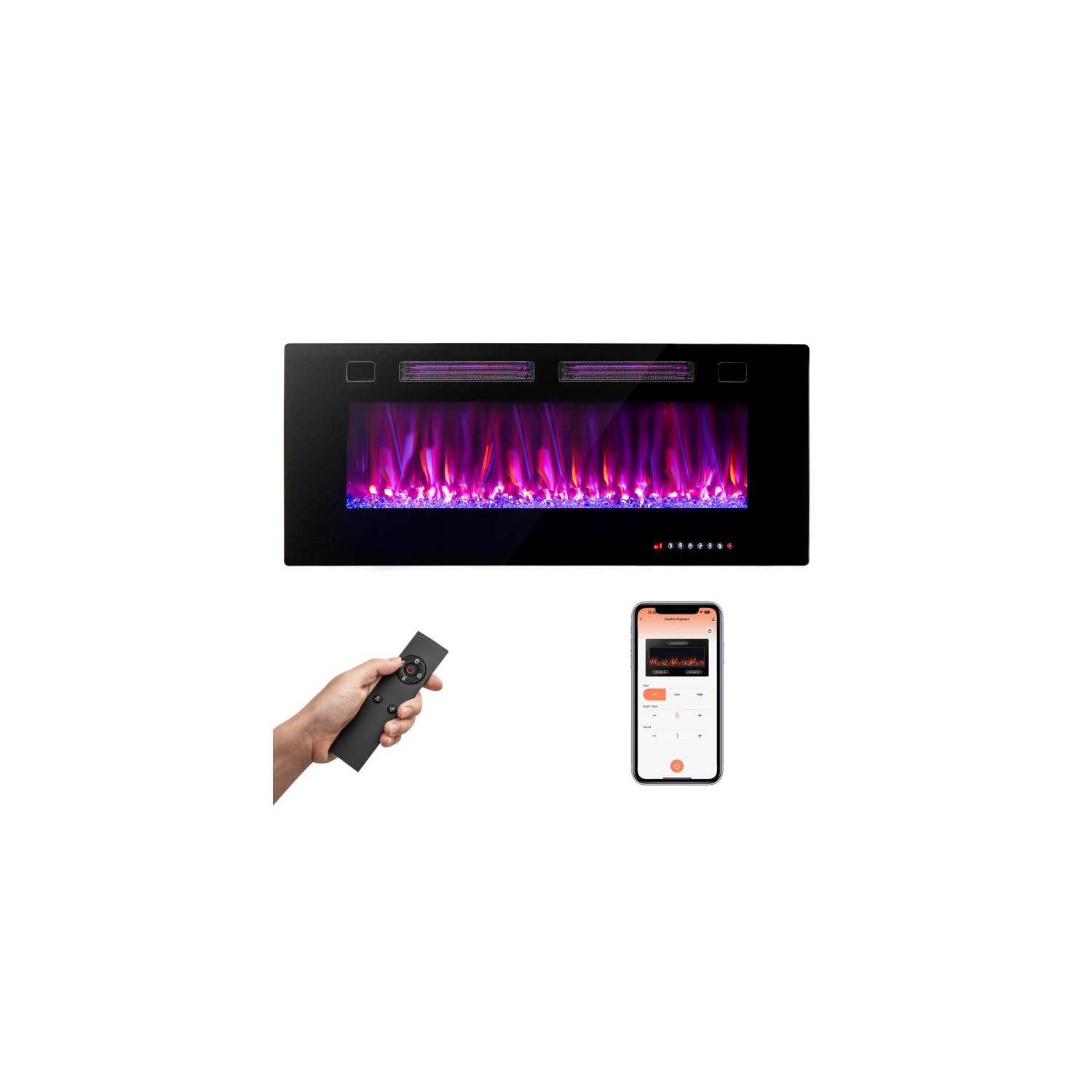 Foyer électrique ultramince avec cristaux et télécommande Smart APP