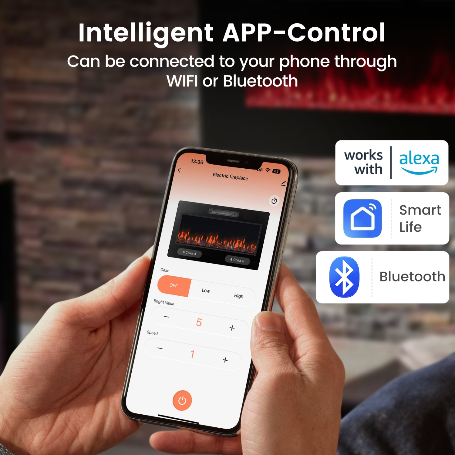 Foyer électrique ultramince avec cristaux et télécommande Smart APP
