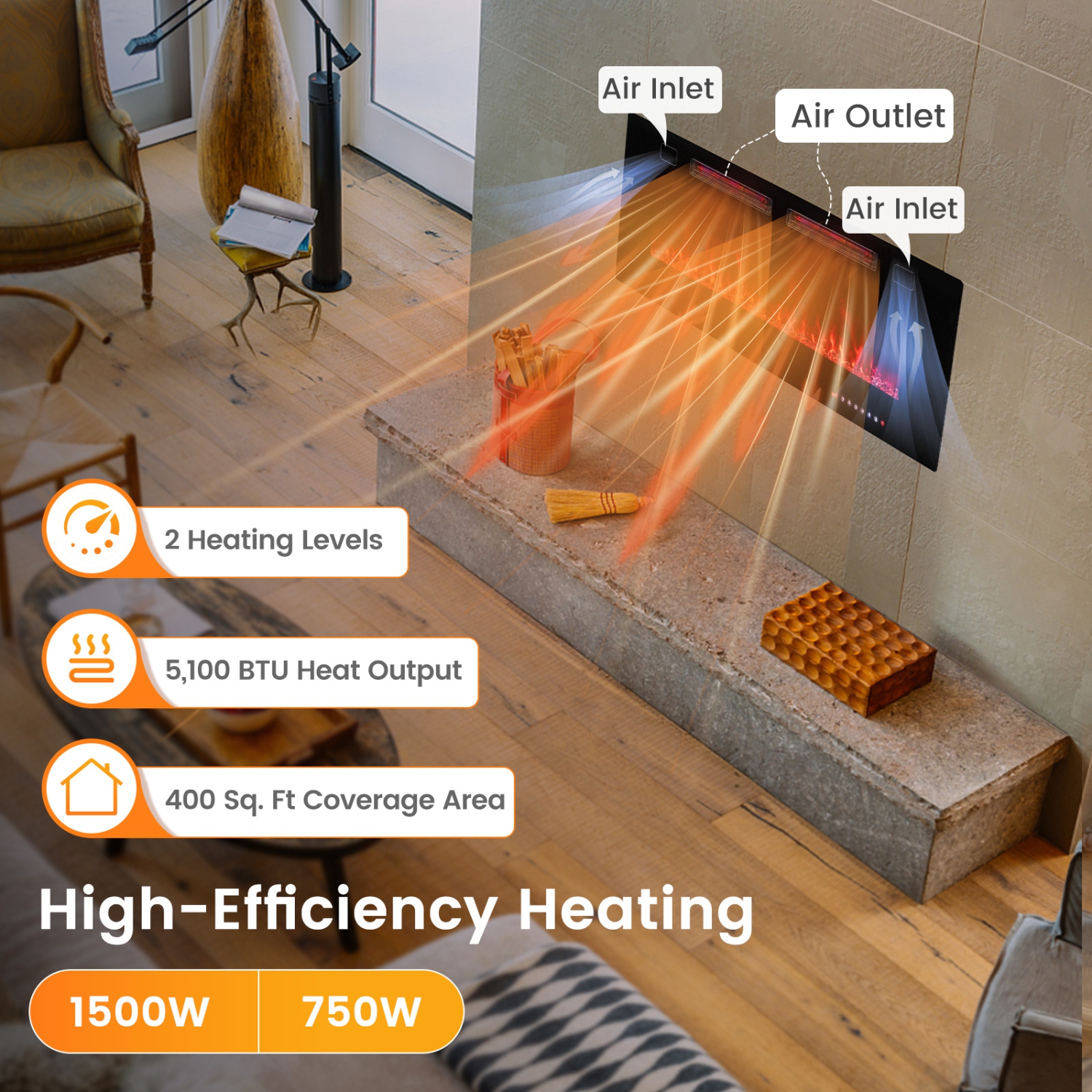 Foyer électrique ultramince avec cristaux et télécommande Smart APP