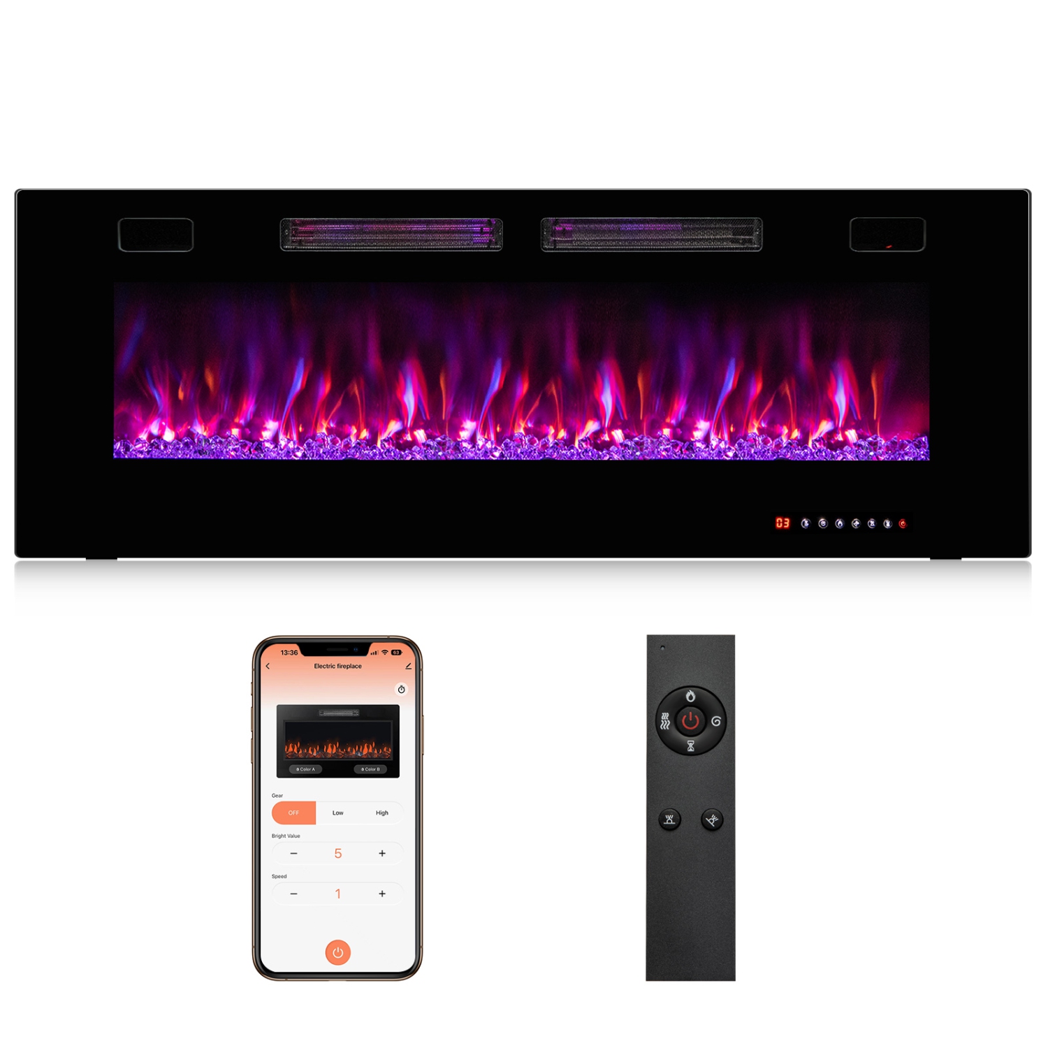 Modern Wall Mounted Electric Fireplace with Decorative Crystals and APP Control