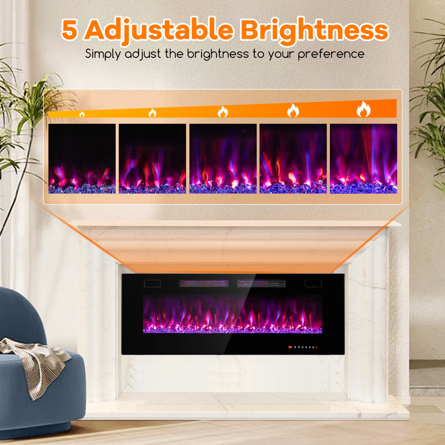 Modern Wall Mounted Electric Fireplace with Decorative Crystals and APP Control