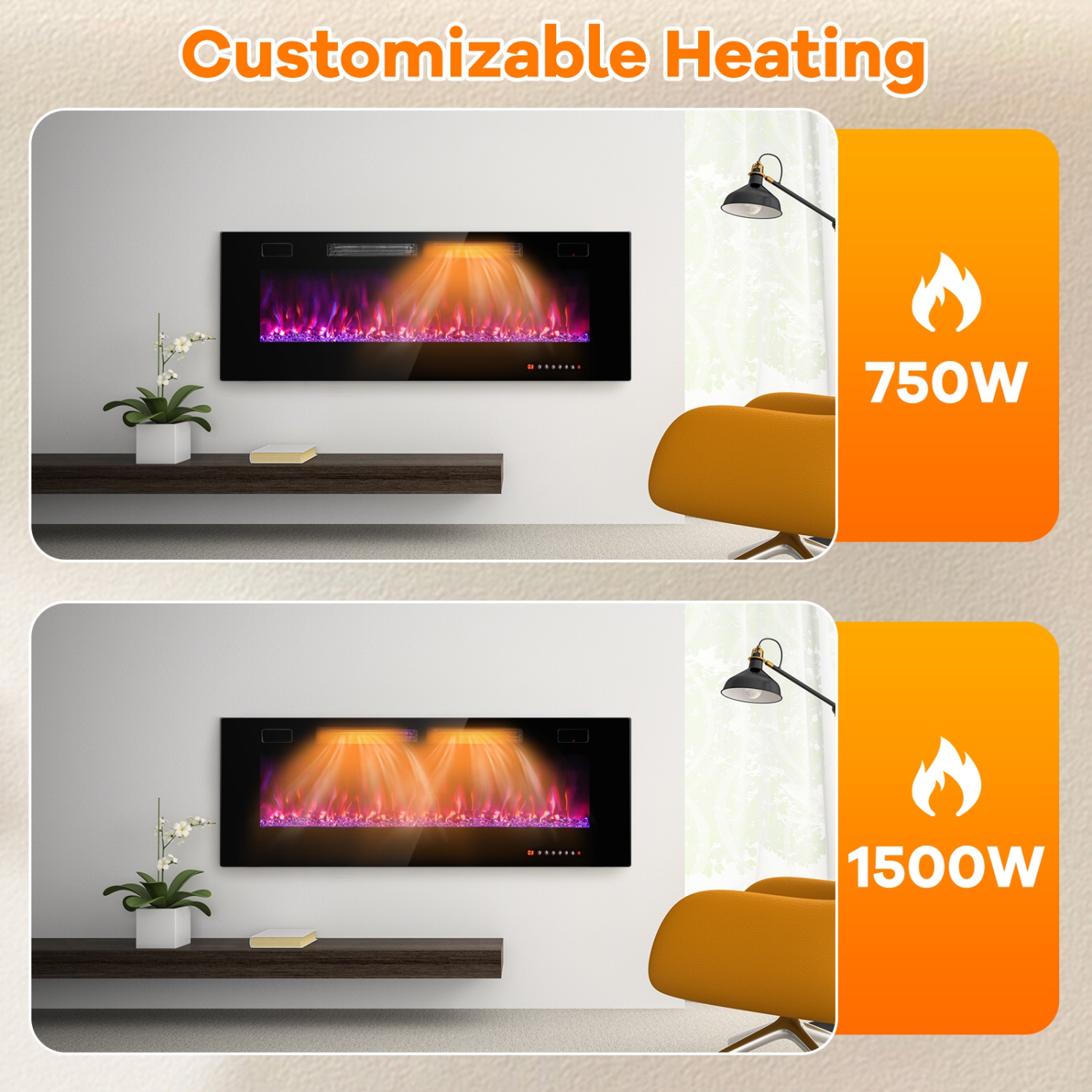 Modern Wall Mounted Electric Fireplace with Decorative Crystals and APP Control