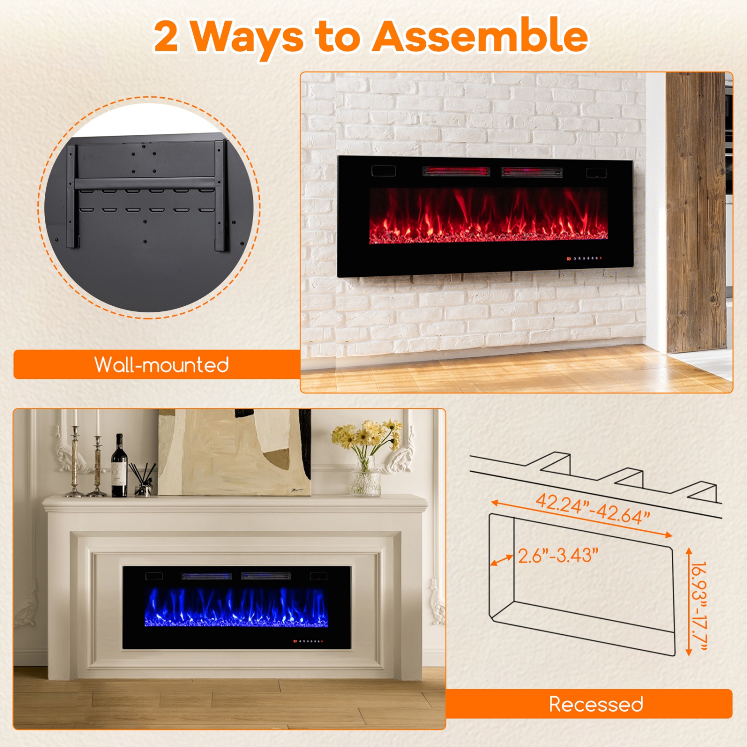 Modern Wall Mounted Electric Fireplace with Decorative Crystals and APP Control