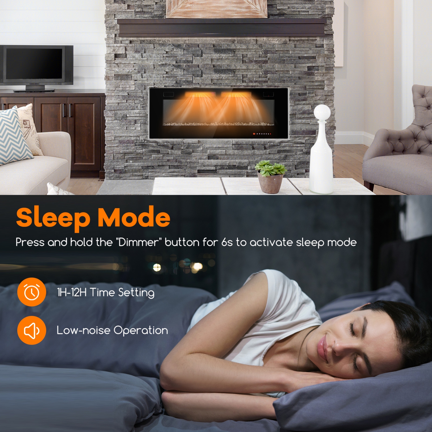 Modern Wall Mounted Electric Fireplace with Decorative Crystals and APP Control