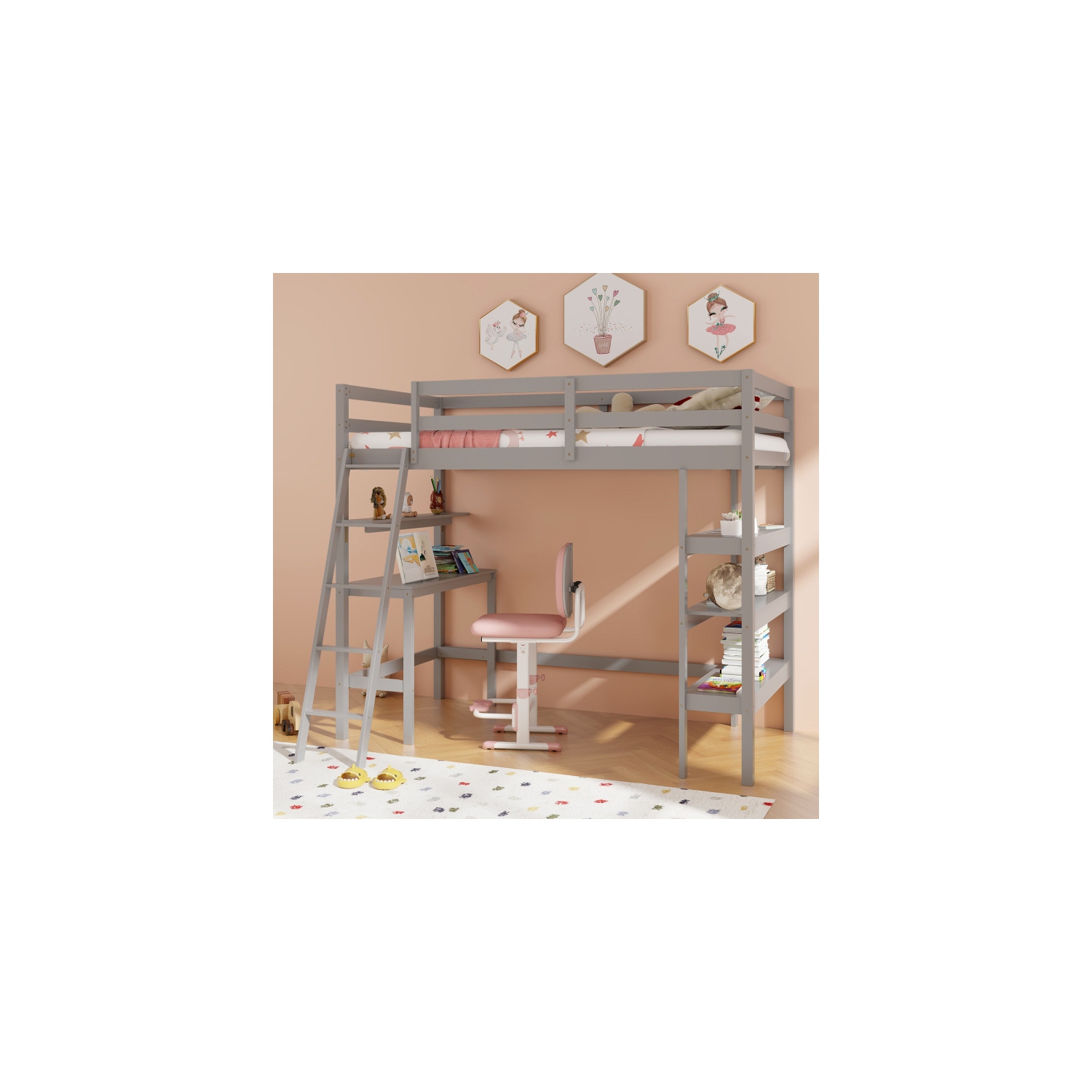 Loft Bed with Desk and Bookshelves for Kids and Teens’ Bedroom