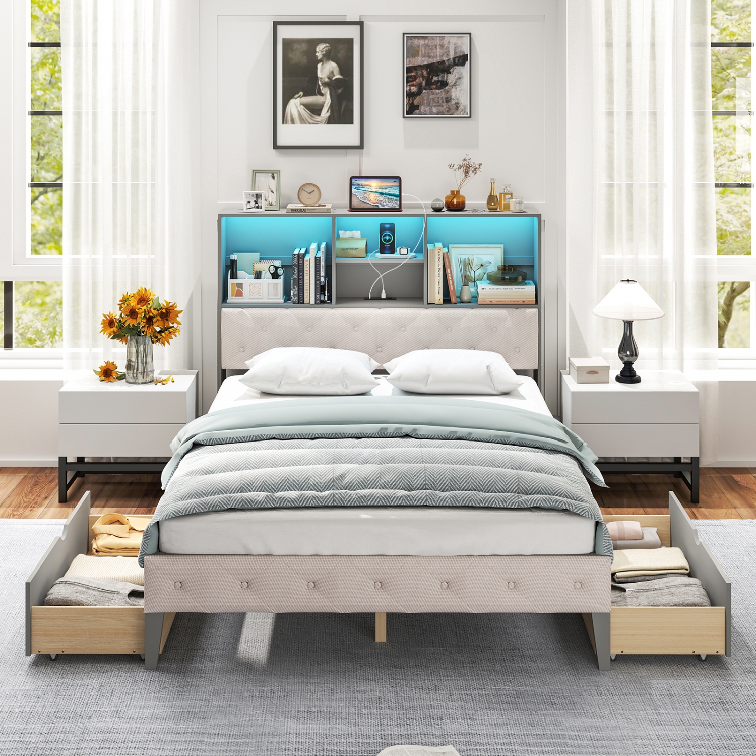 Wooden Bed Frame with LED Bookcase Headboard for Living Room or Bedroom