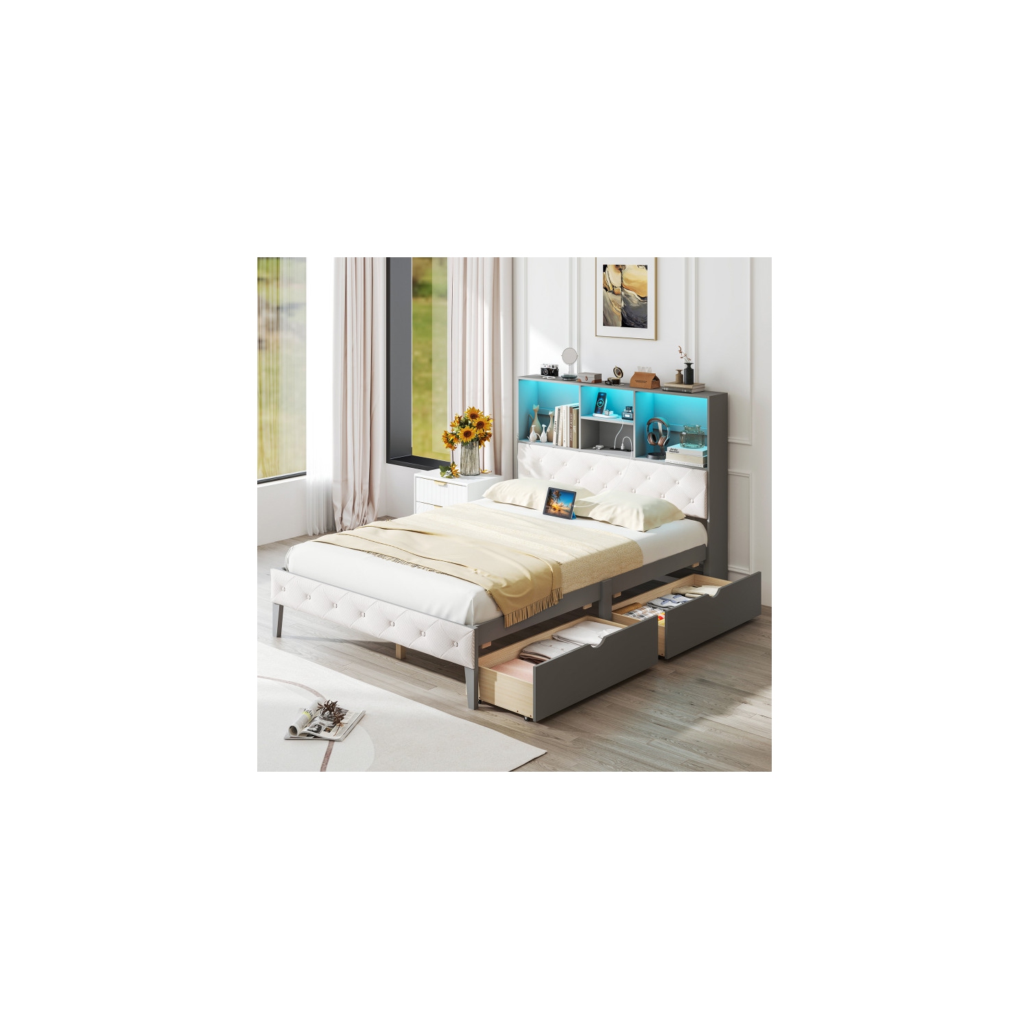 Wooden Bed Frame with LED Bookcase Headboard for Living Room or Bedroom