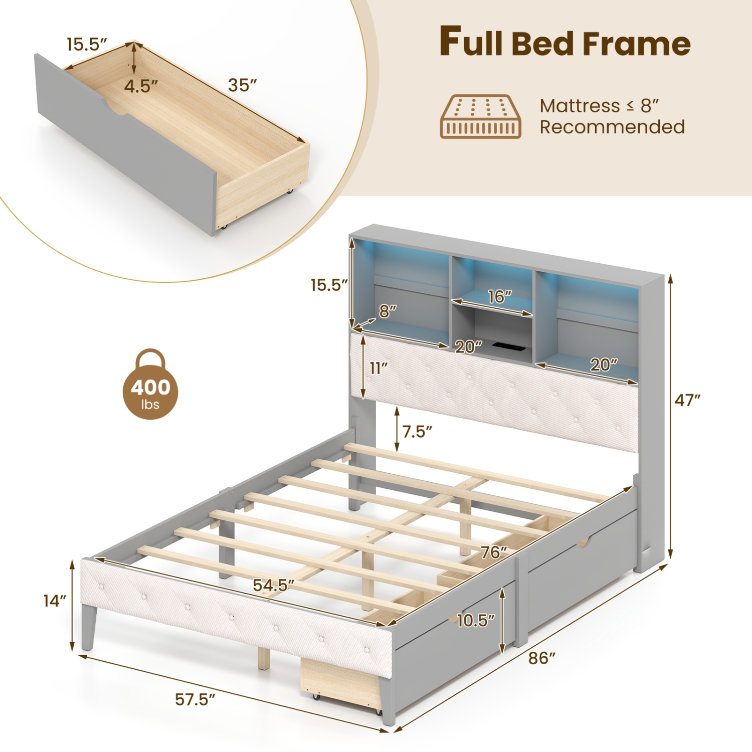 Wooden Bed Frame with LED Bookcase Headboard for Living Room or Bedroom