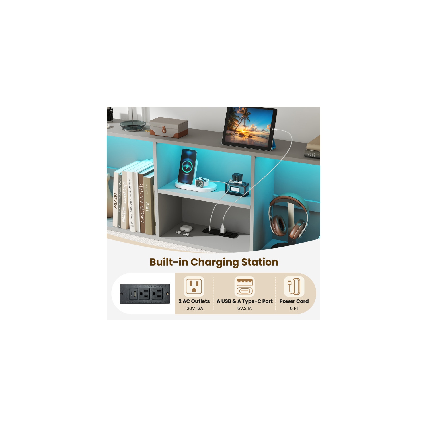 Wooden Bed Frame with LED Bookcase Headboard for Living Room or Bedroom