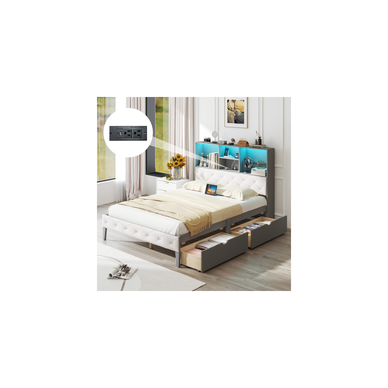 Wooden Bed Frame with LED Bookcase Headboard for Living Room or Bedroom