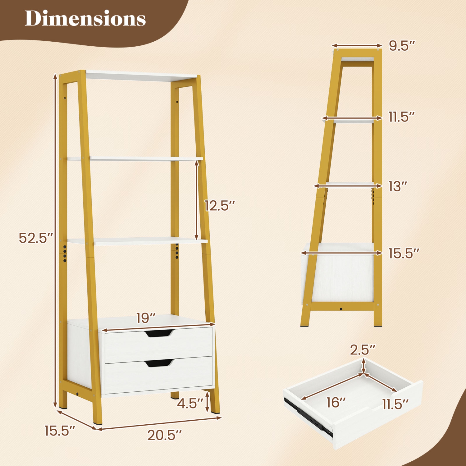 Freestanding 4-Tier Ladder Shelf – Tall 52.5 Inch Bookcase with Drawers