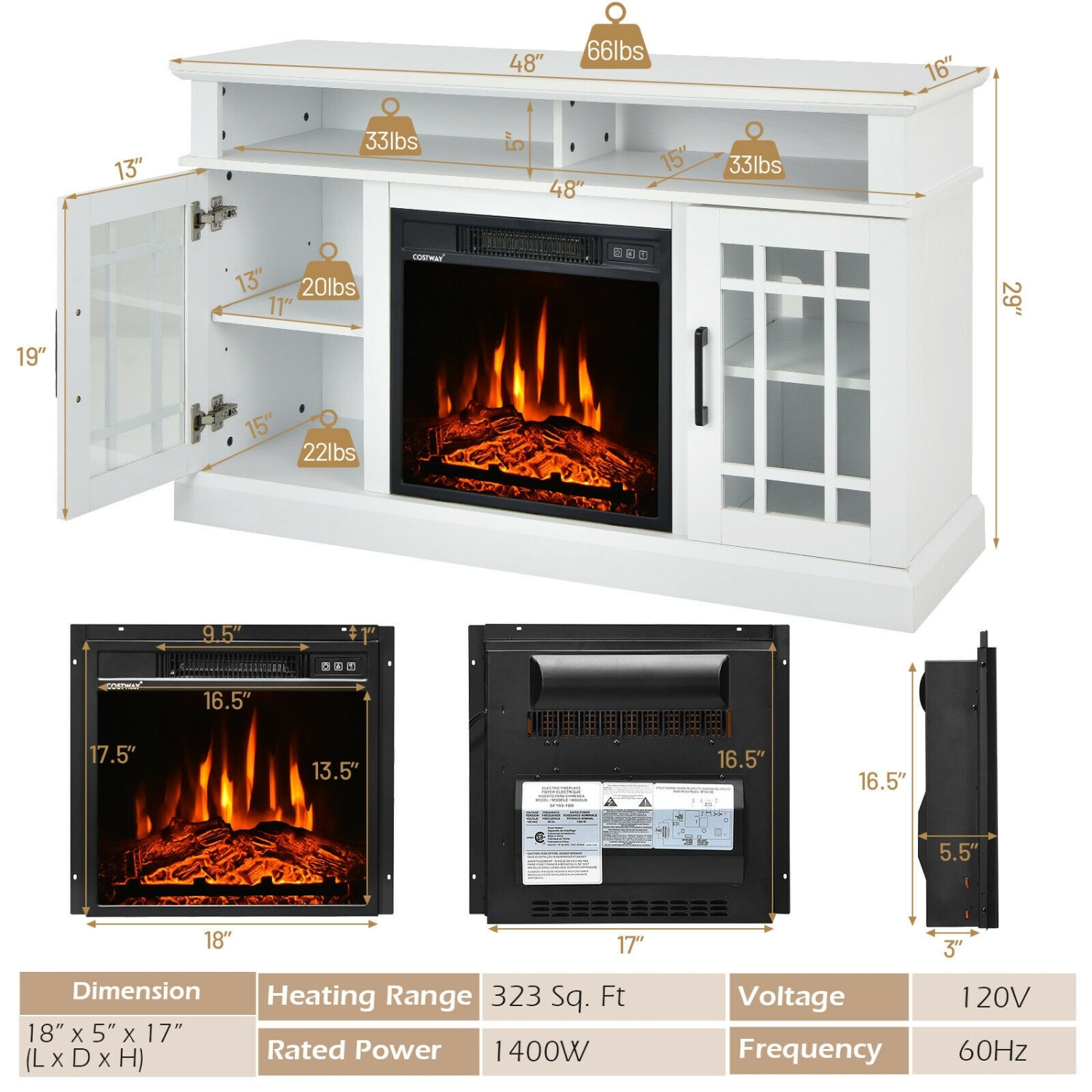 Meuble pour téléviseur avec foyer électrique et armoire de rangement pour le salon