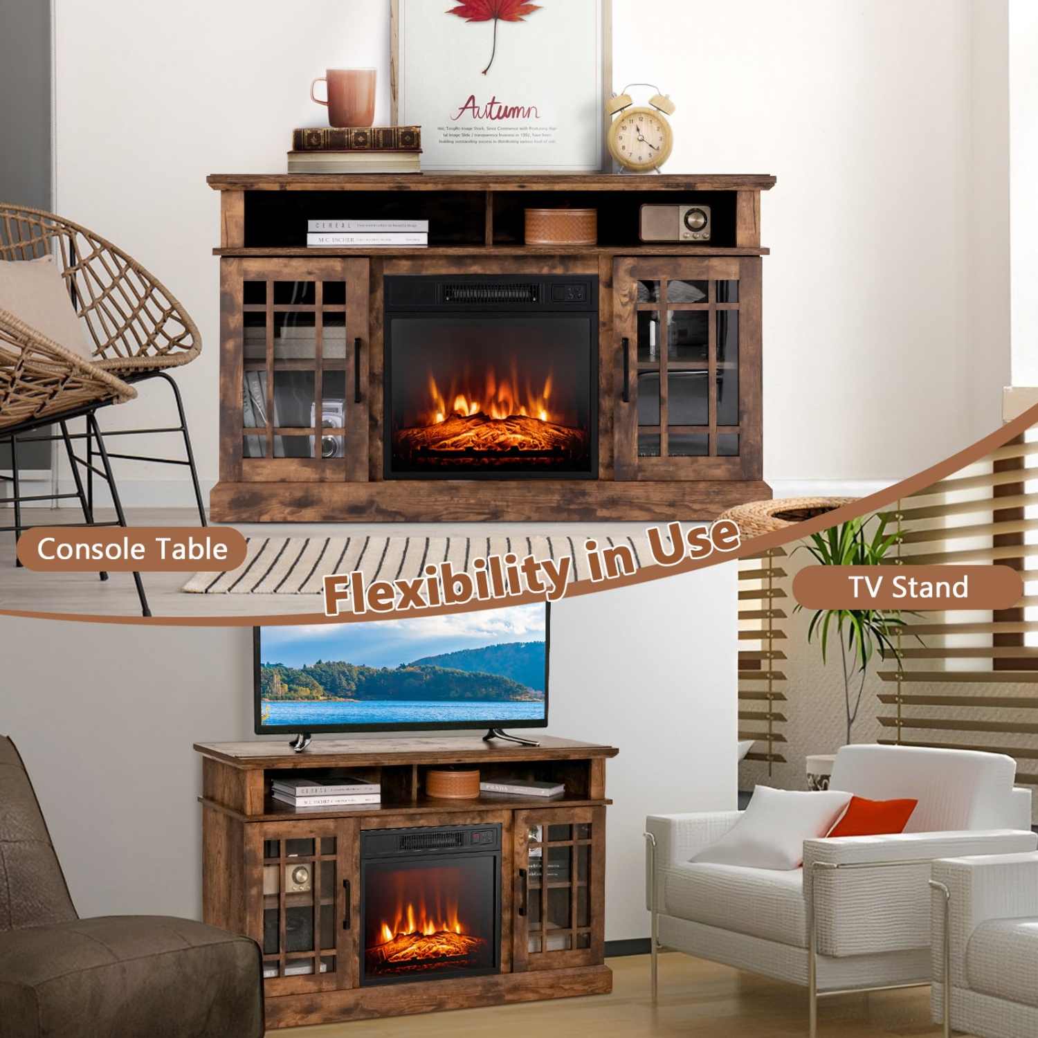 Meuble pour téléviseur avec foyer électrique et armoire de rangement pour le salon