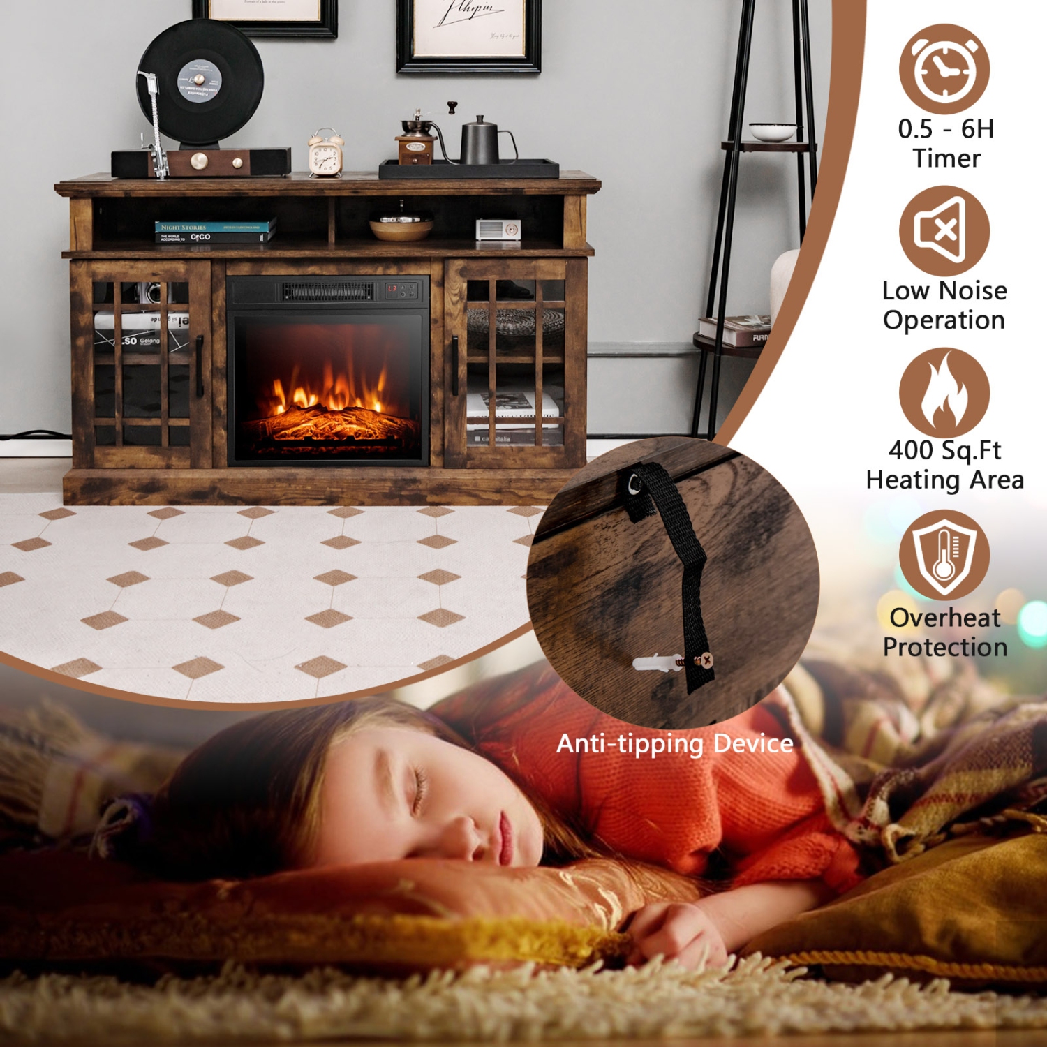 Meuble pour téléviseur avec foyer électrique et armoire de rangement pour le salon