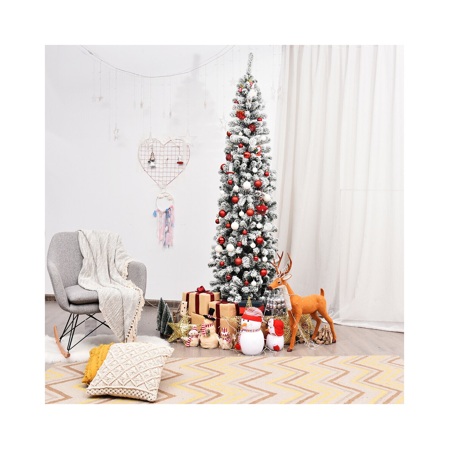 Compact Snow Flocked Pencil Christmas Tree with 641 Hinged Tips