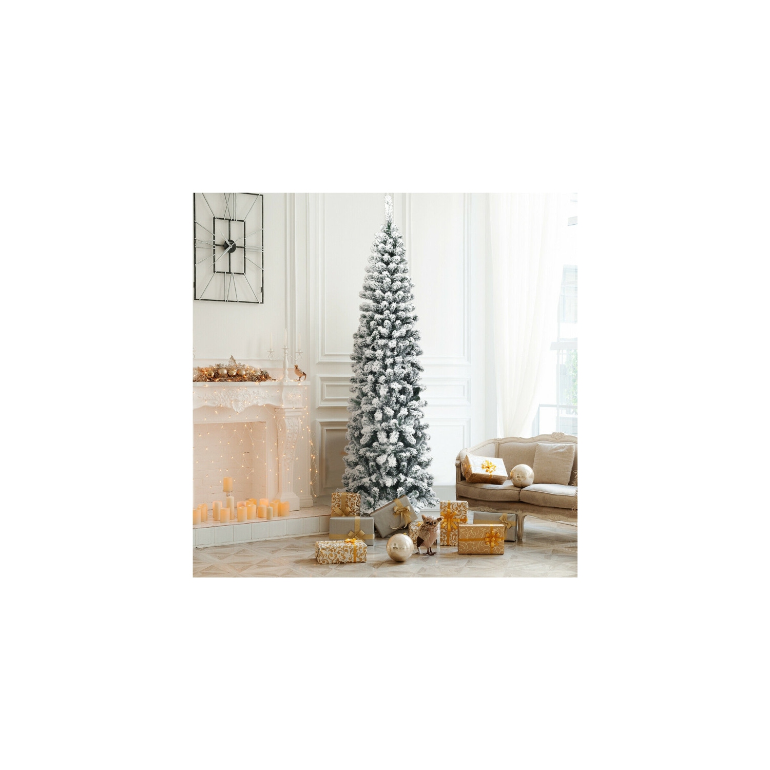 Compact Snow Flocked Pencil Christmas Tree with 641 Hinged Tips