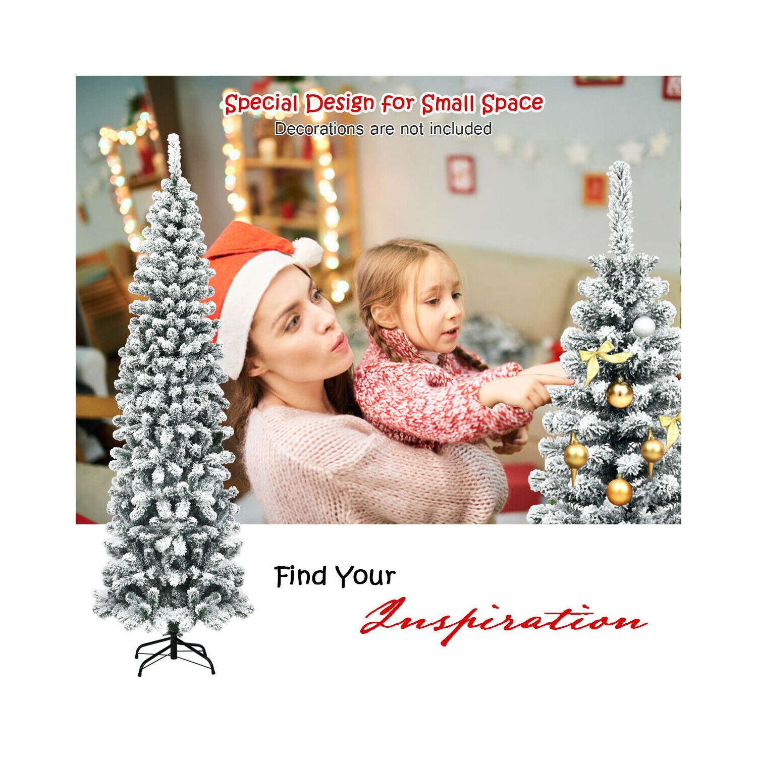 Compact Snow Flocked Pencil Christmas Tree with 641 Hinged Tips