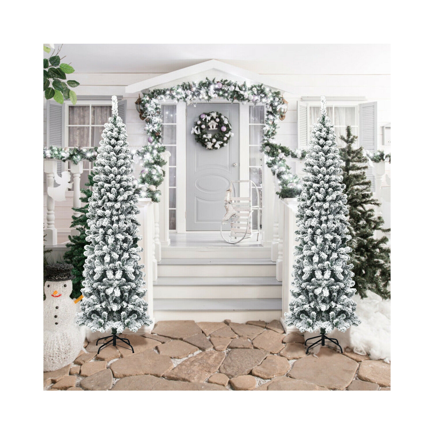 Compact Snow Flocked Pencil Christmas Tree with 641 Hinged Tips