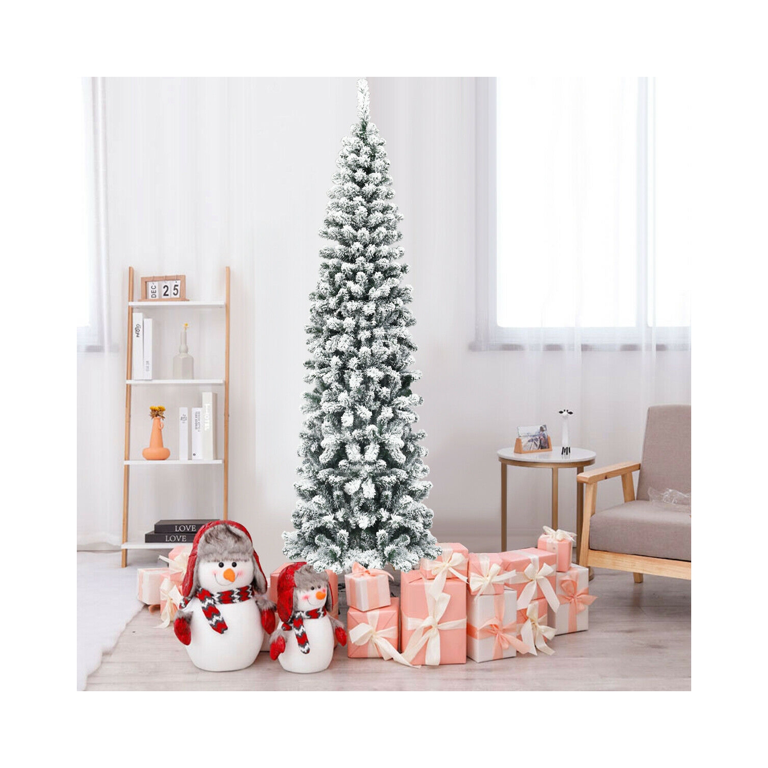 Compact Snow Flocked Pencil Christmas Tree with 641 Hinged Tips