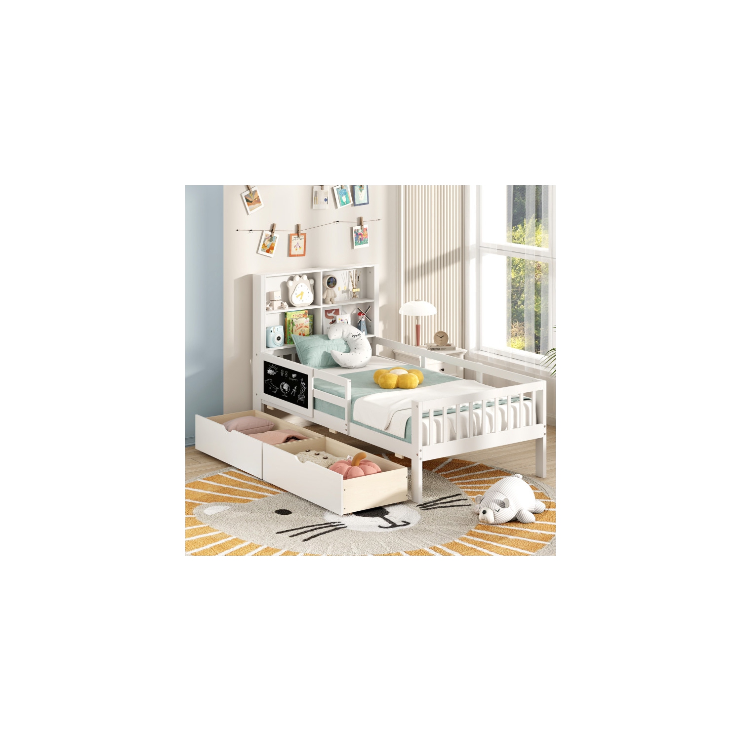 Cadre de lit avec bibliothèque et 2 tiroirs de rangement pour garçons et filles