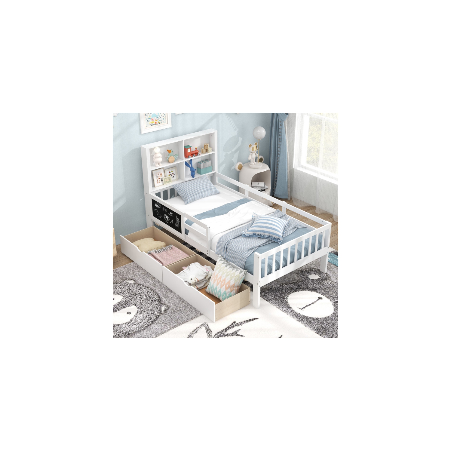 Cadre de lit avec bibliothèque et 2 tiroirs de rangement pour garçons et filles